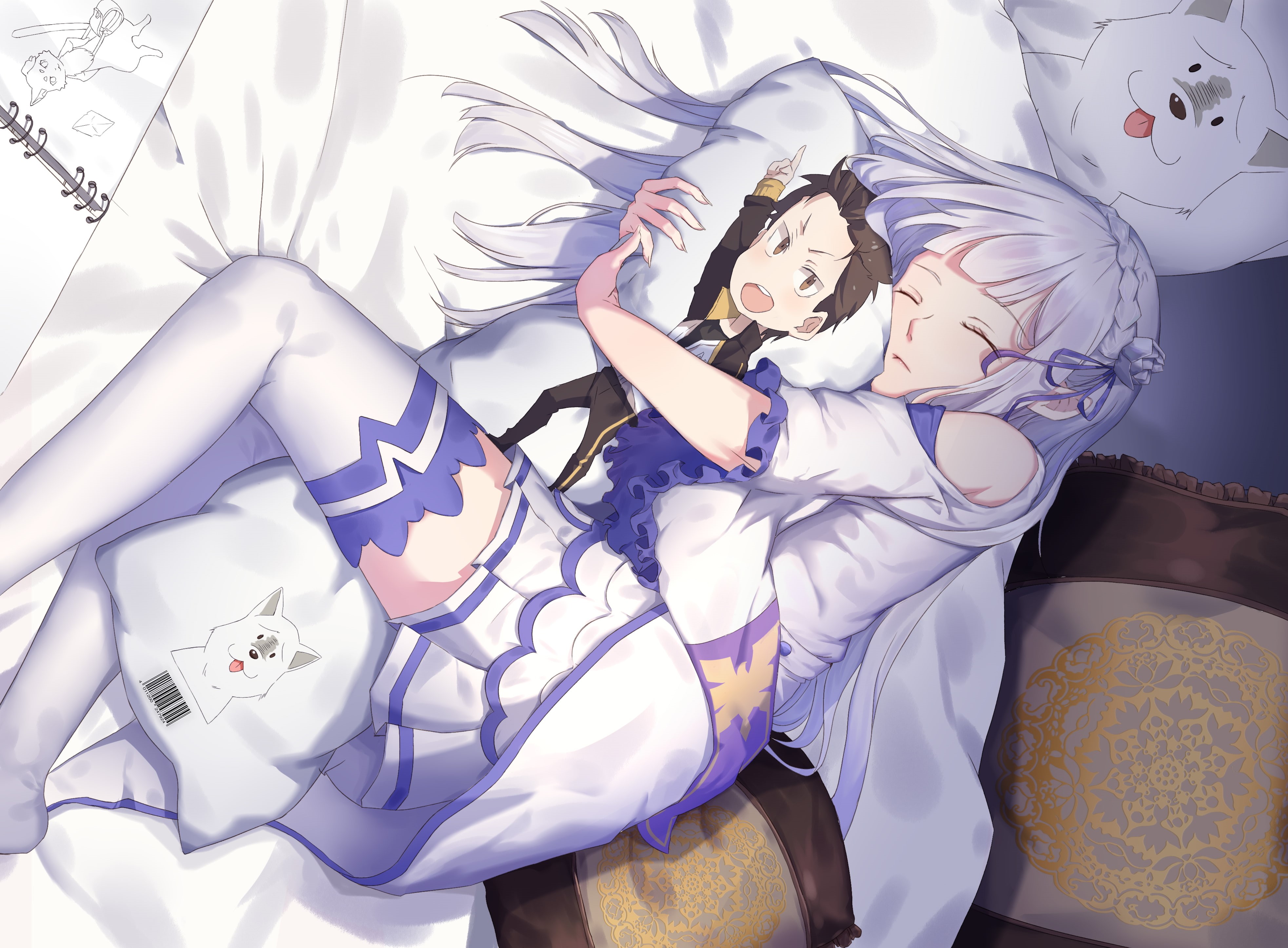 thigh-highs, white hair, Emilia (Re: Zero), pointed ears, Puck (Re:Zero), Re:Zero Kara Hajimeru Isekai Seikatsu, 4K, Natsuki Subaru, HD Wallpaper
