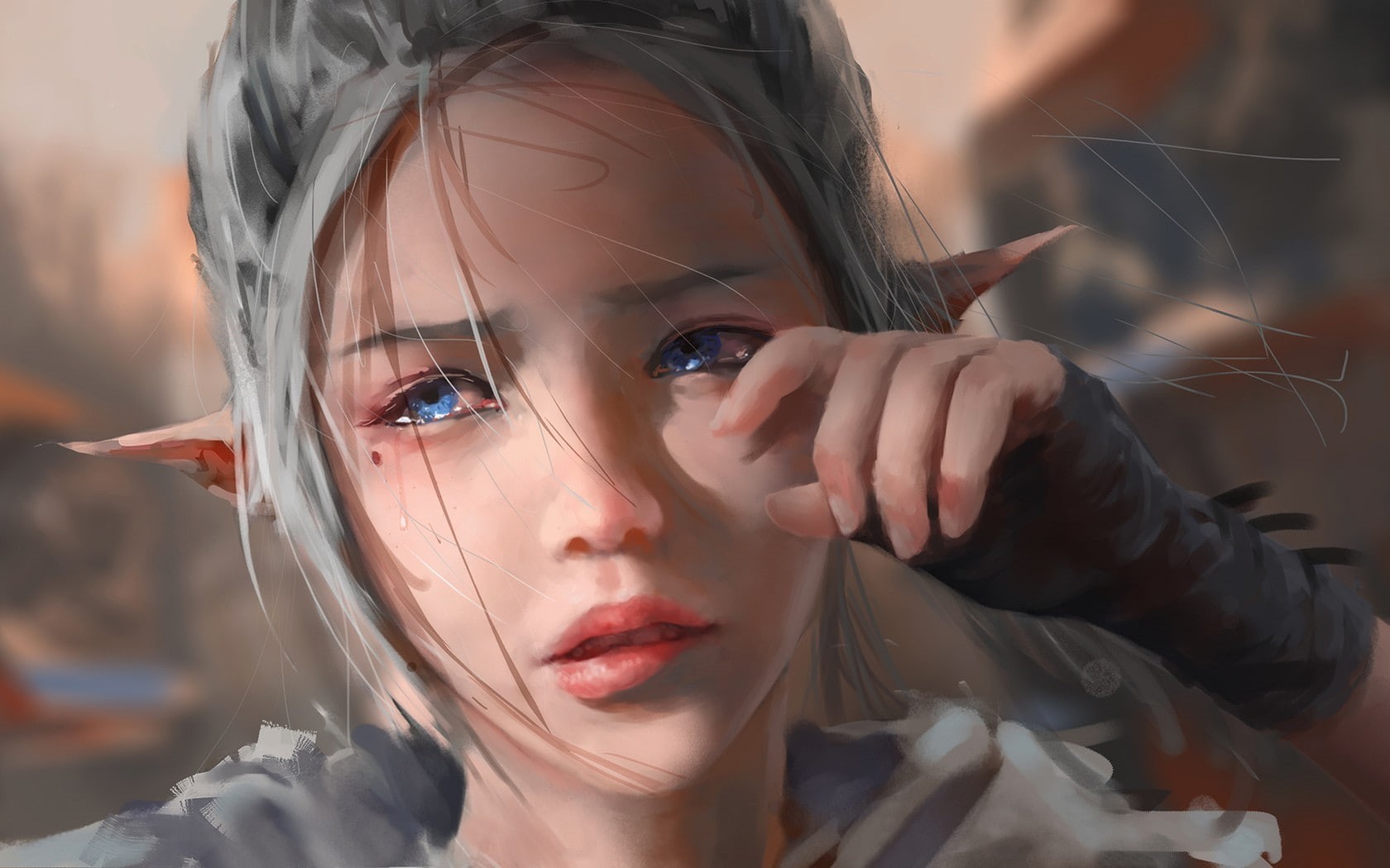 pointed ears, grey hair, painting, elves, blue eyes, 720P, fantasy art, crying, WLOP, tears, HD Wallpaper