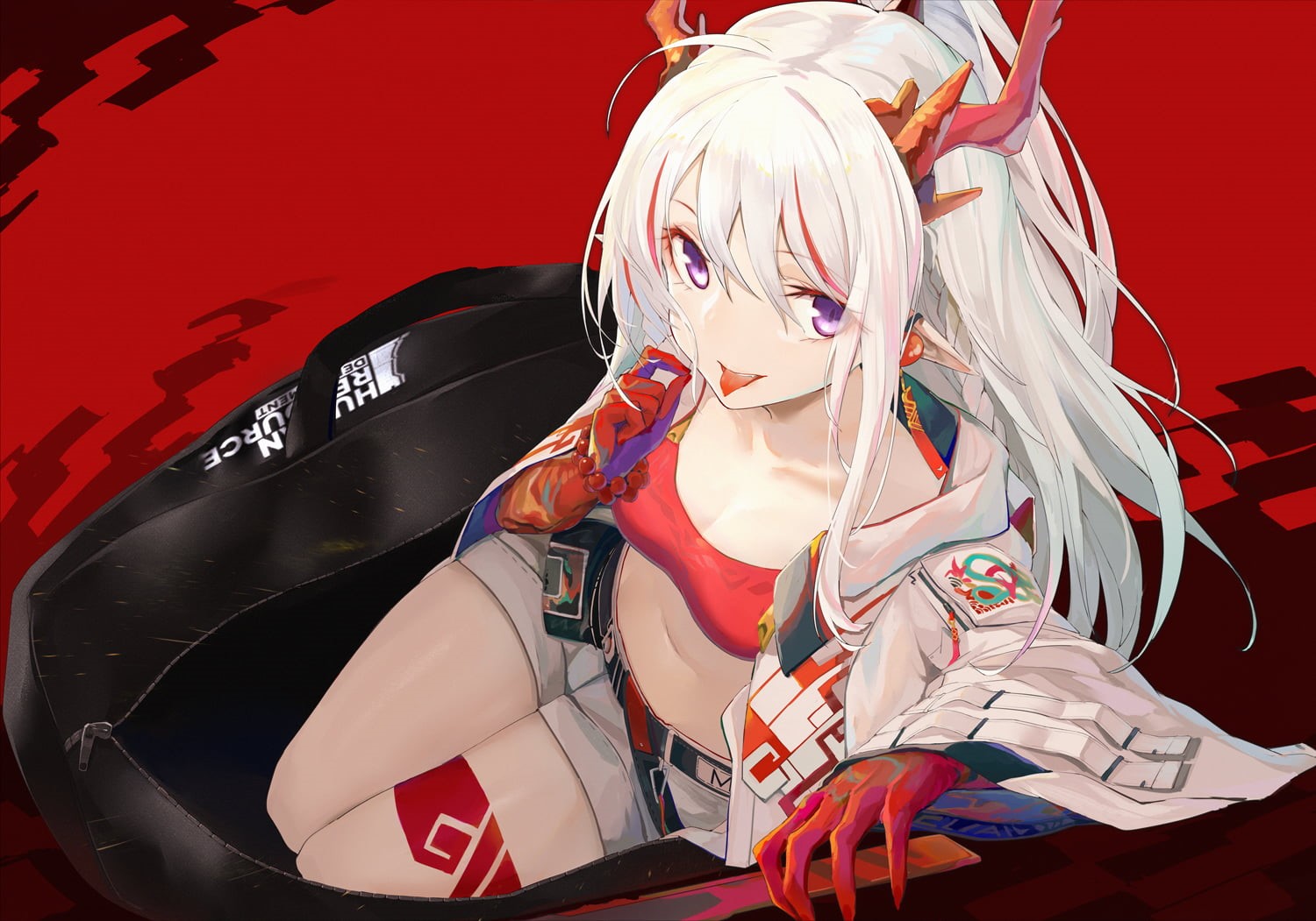 Arknights, ponytail, pointed ears, white hair, shorts, 720P, long hair, purple eyes, horns, HD Wallpaper