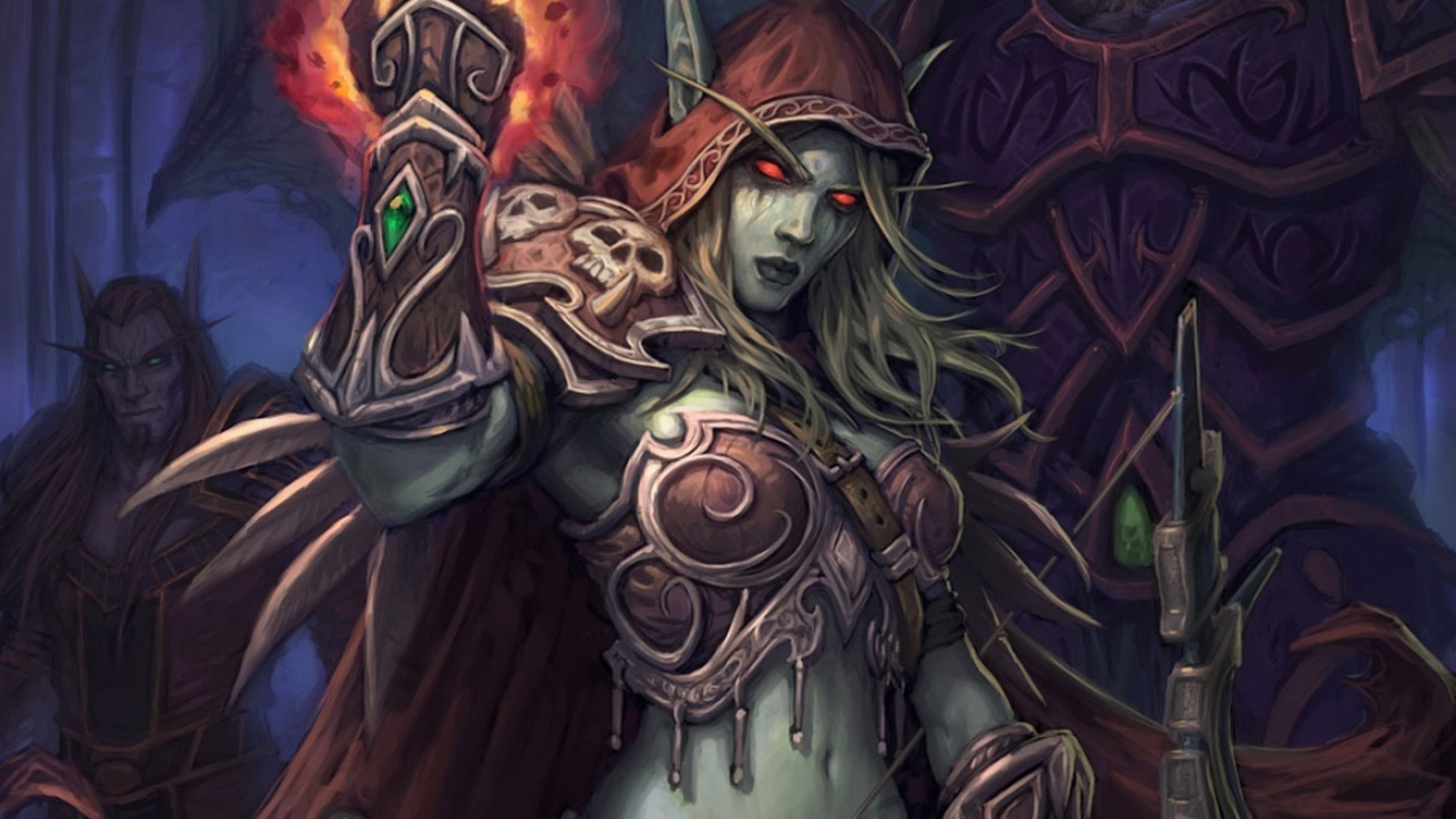 hearthstone, video games, world of warcraft, digital art, ranger, Sylvanas Windrunner, archer, fantasy Art, 2K, Cloaks, White Hair, artwork, Red Eyes, HD Wallpaper