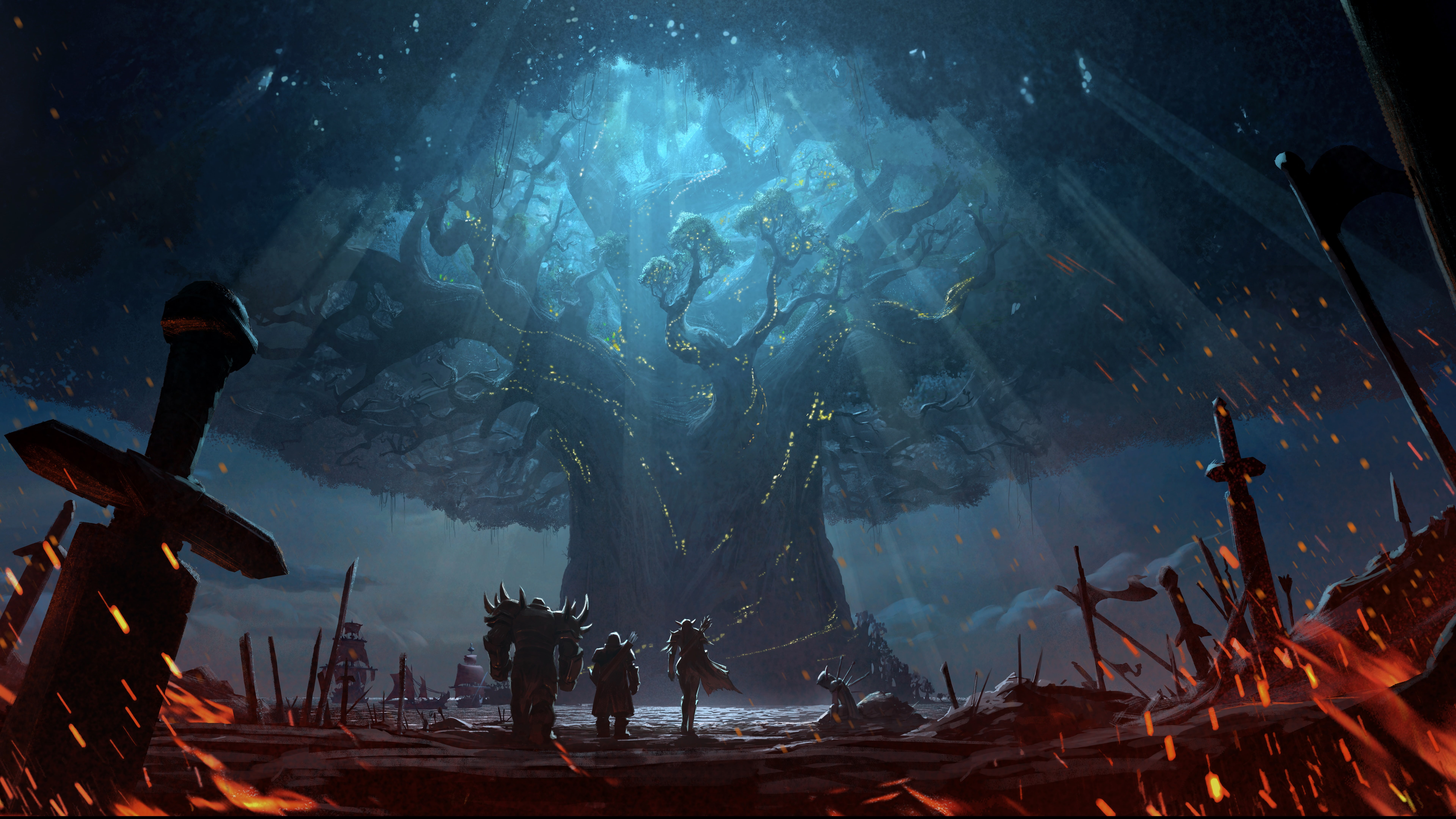 indoors, bonfire, burning, people, motion, campfire, smoke - physical structure, nature, fire, k, water, flame, For, Azeroth, night, 8K, men, Warcraft, HD Wallpaper