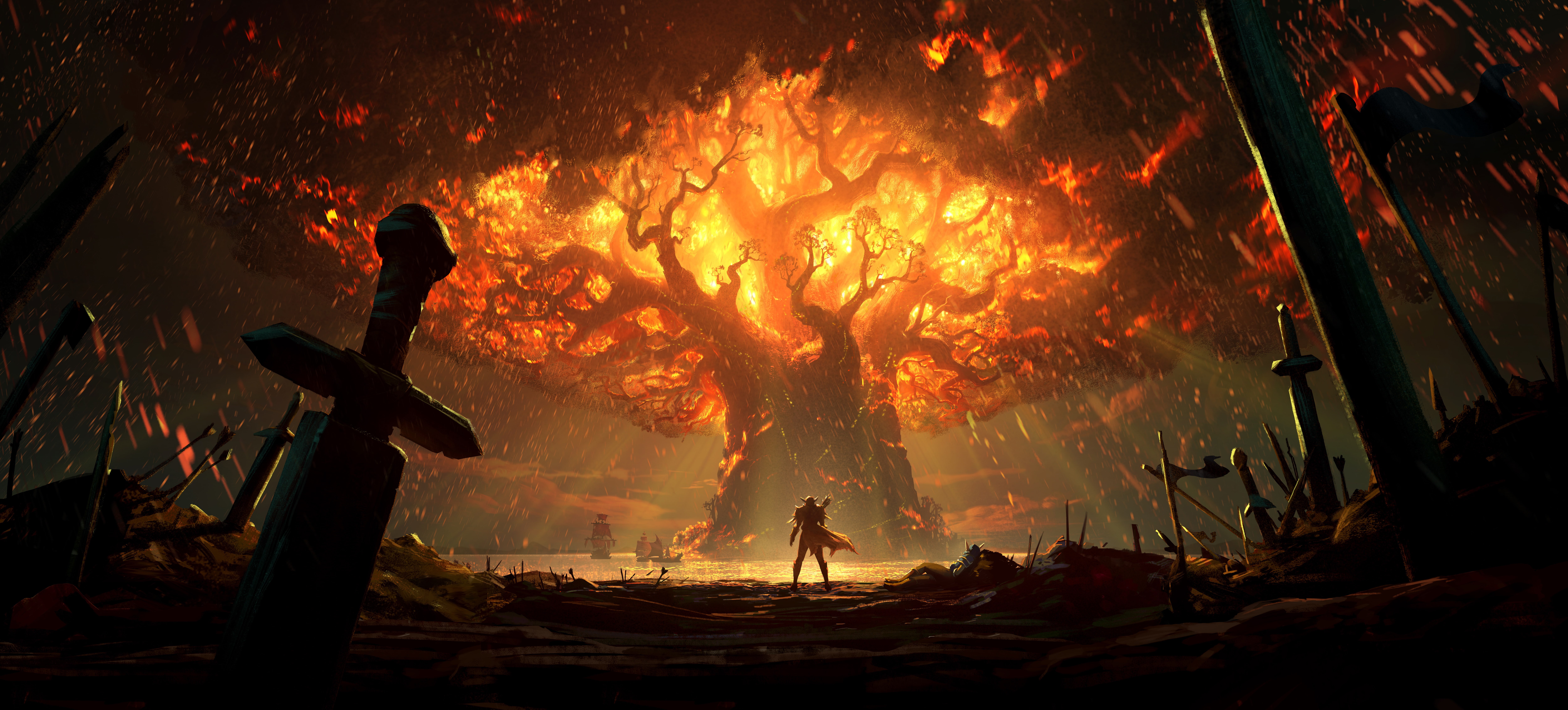 Tree, Warrior, World of Warcraft, Fire, Sword, 8K, World of Warcraft: Battle for Azeroth, Man, HD Wallpaper