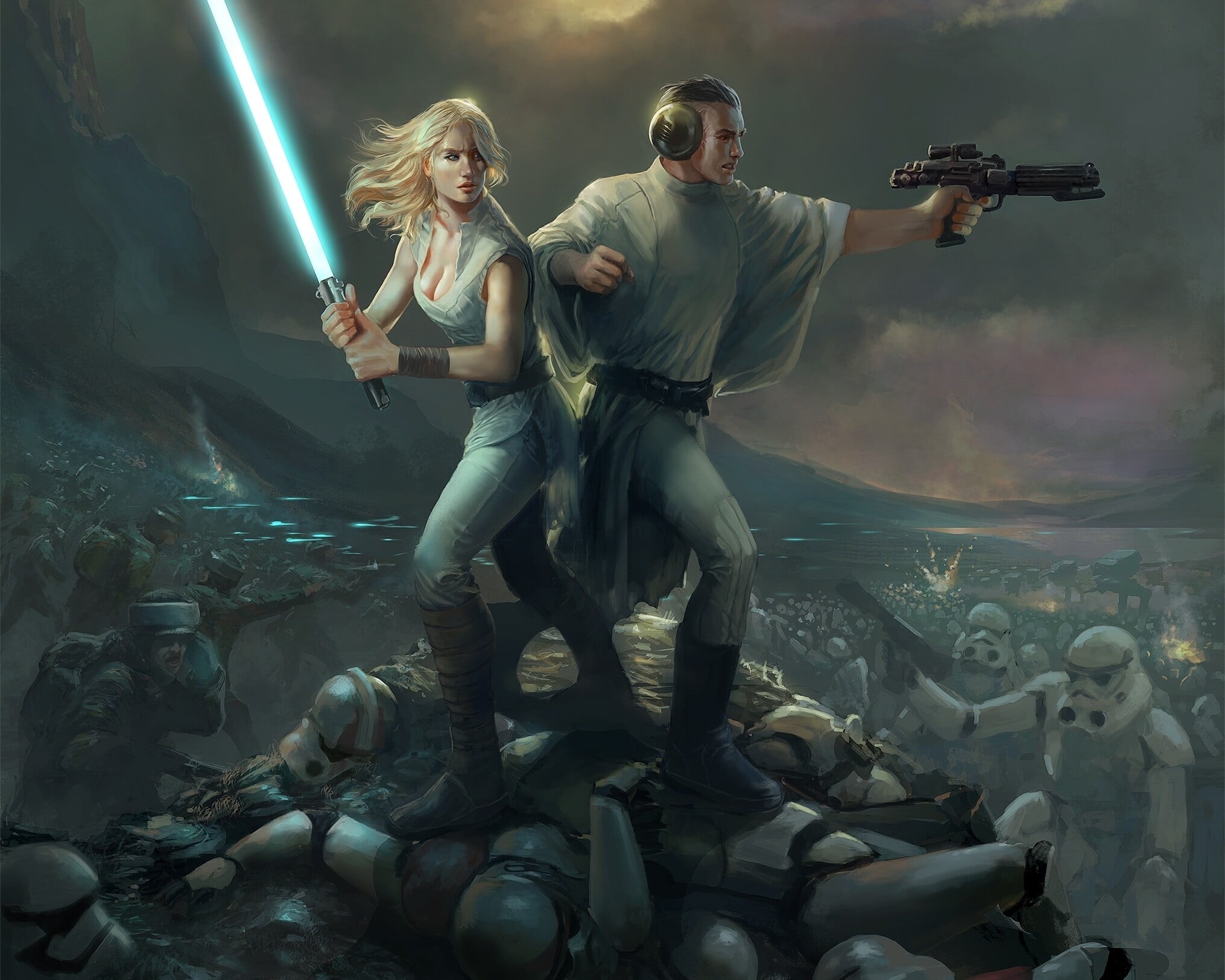 art, casual clothing, blaster, young adult, lightsaber, positive emotion, artwork, real people, full length, women, men, 1080P, guilano brocani, females, HD Wallpaper
