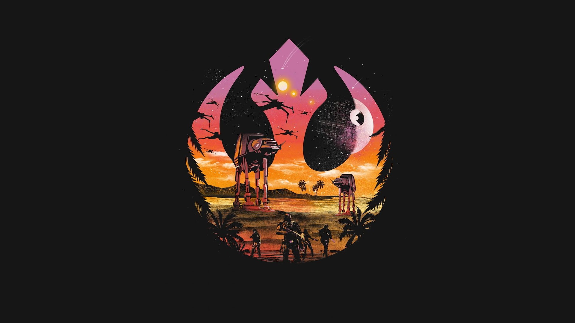 Rogue One: A Star Wars Story, AT-AT, Star Wars, Death Star, rebellion, artwork, X-wing, 1080P, HD Wallpaper