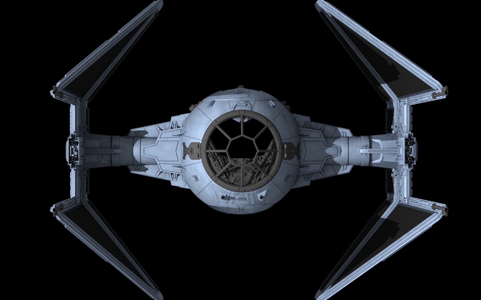 black background, symmetry, built structure, technology, shape, metal, no people, TIE Interceptor, close-up, directly below, still life, fighter, geometric shape, HD Wallpaper