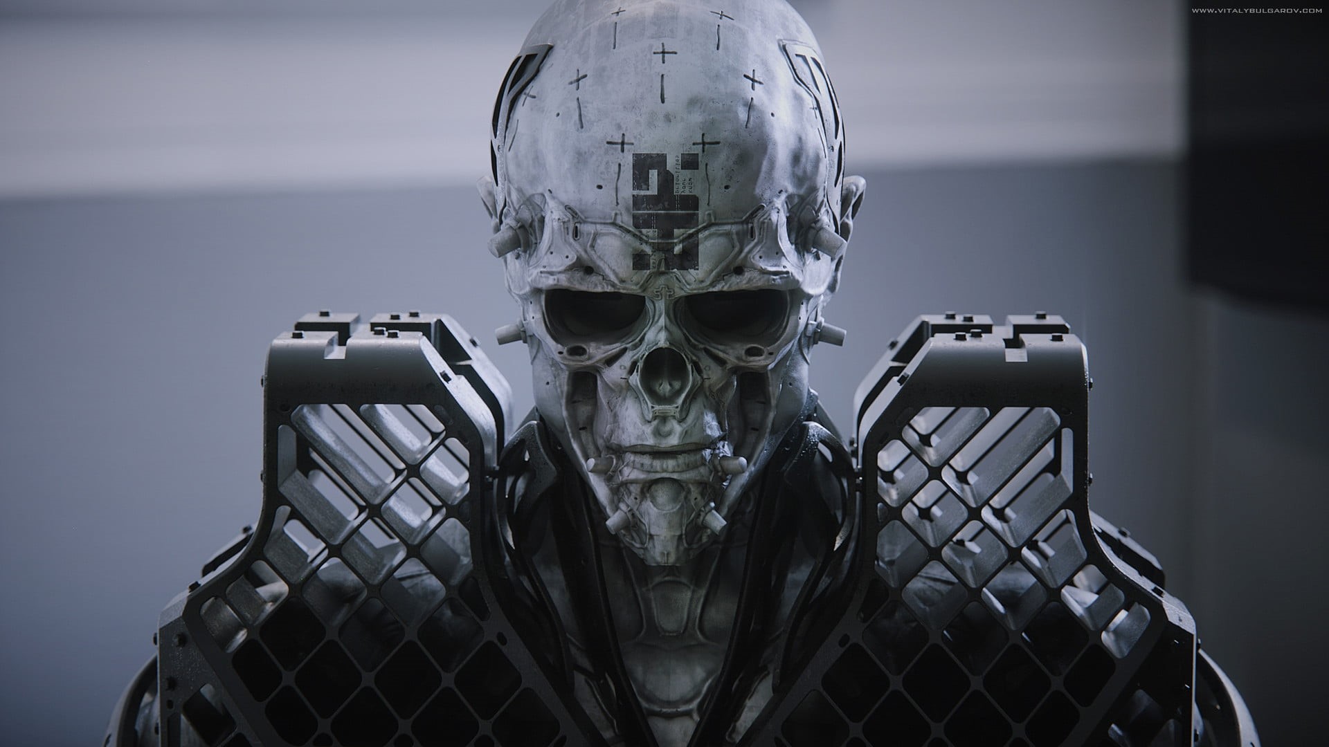 looking at camera, armed Forces, judgment Day - Apocalypse, war, Vitaly Bulgarov, aggression, front view, Armored, print, work Helmet, skull, science fiction, HD Wallpaper