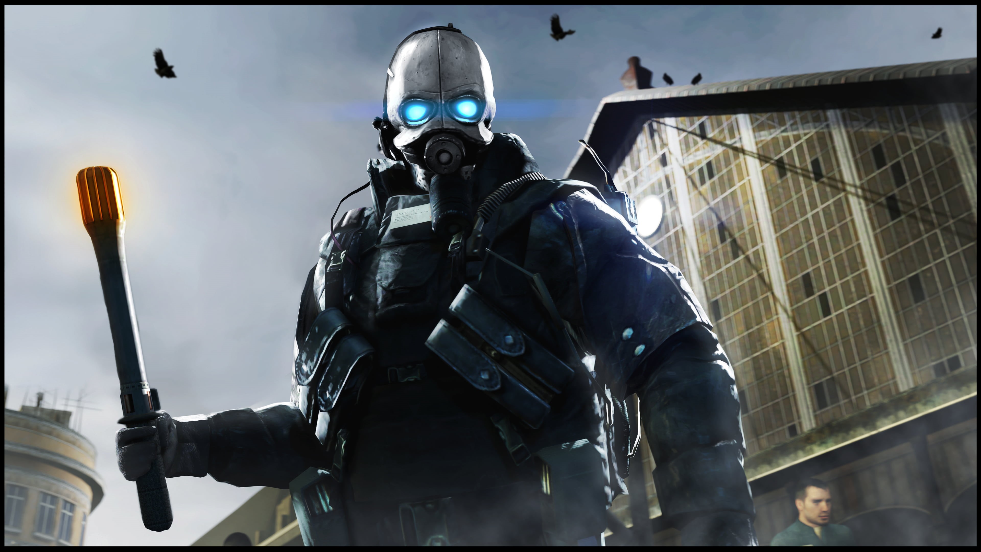protective Mask - Workwear, respirator, headwear, work Helmet, 4K, City 17, low angle view, game, sky, counter-terrorism, gun, built structure, architecture, HD Wallpaper