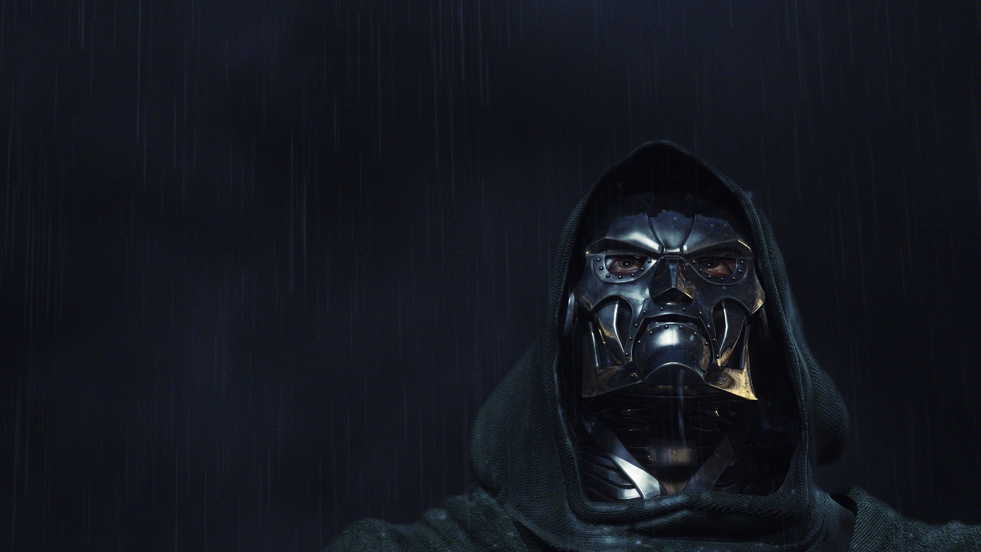 front view, Dr. Doom, representation, security, hood, mask, looking at camera, one person, dark, black background, gas mask, safety, men, untitled, movies, HD Wallpaper