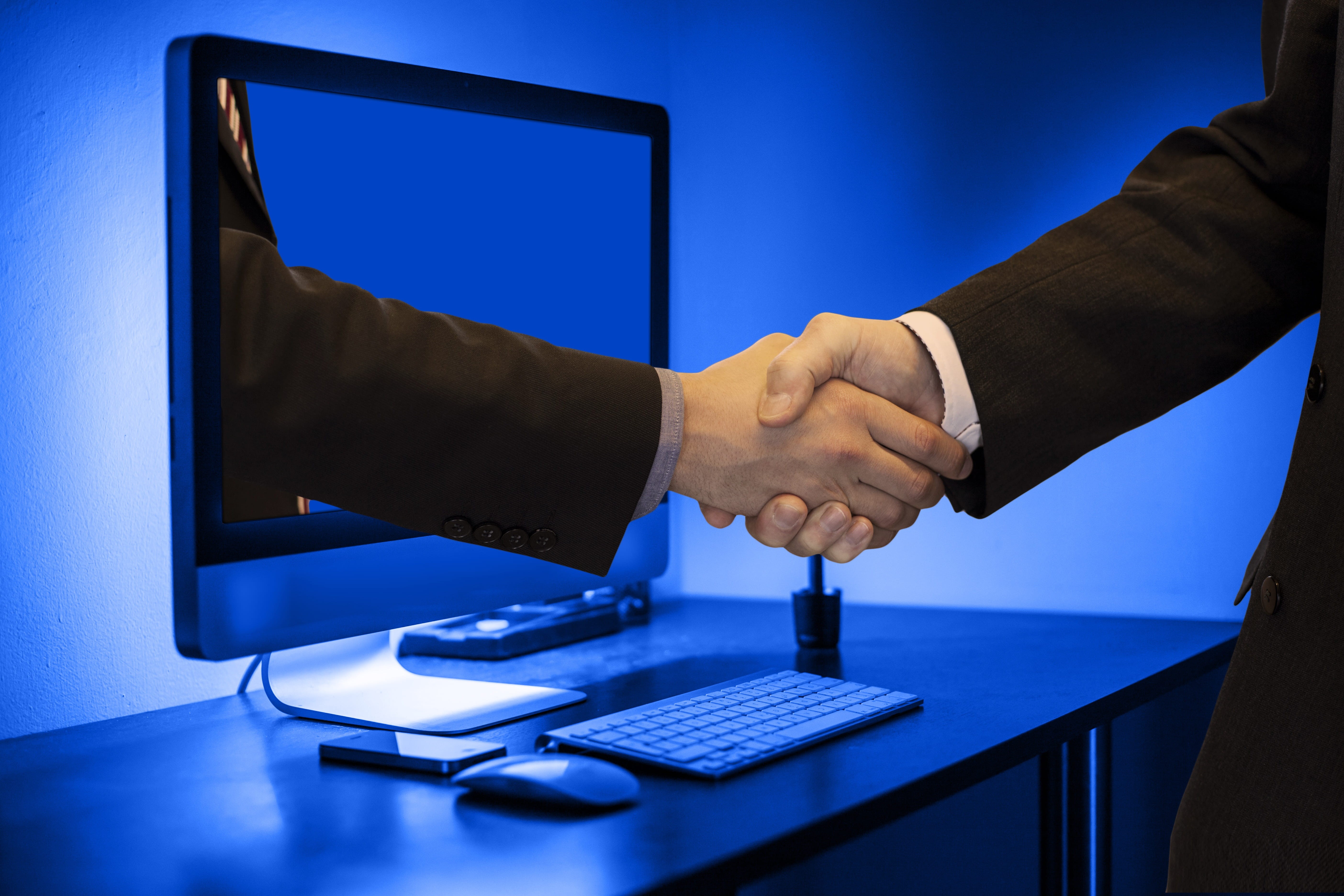 connectedness, blue, computer, greeting, online, monitor, keyboard, hands, communication, social, businessman, business person, adult, corporate business, HD Wallpaper