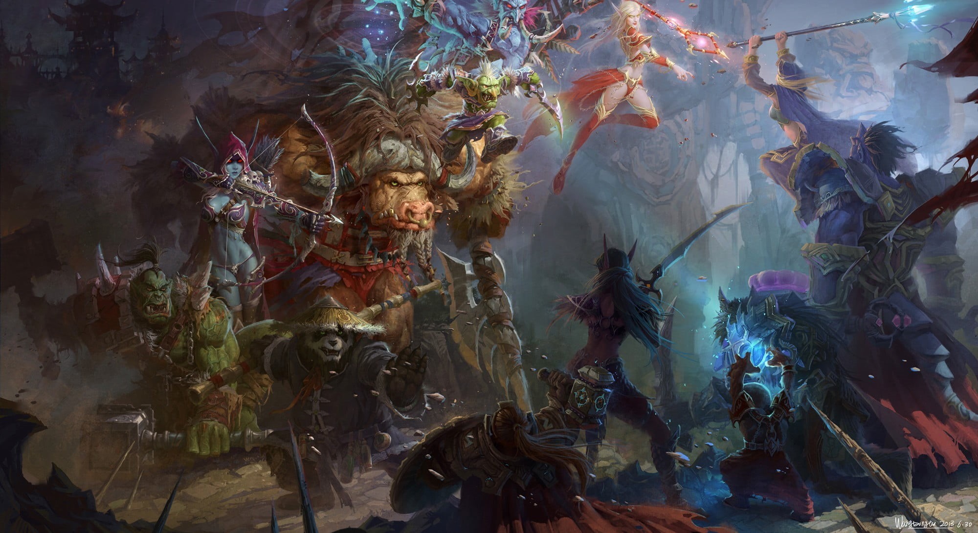 celebration, sylvanas, water, people, fish, red, wow, backgrounds, oil Painting, painted Image, creativity, battle, 1080P, chaos, women, art, illustration, HD Wallpaper
