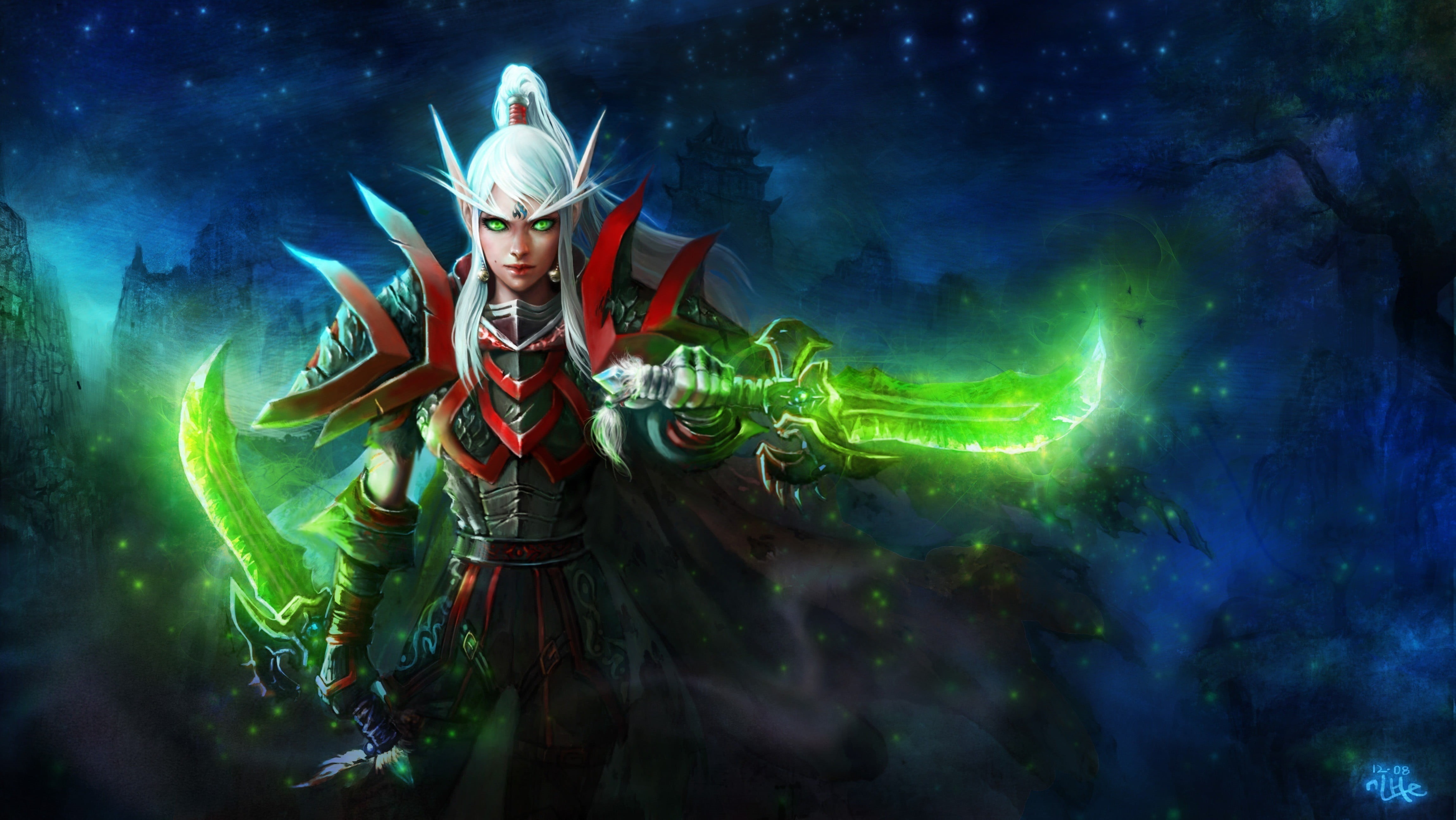 one person, green color, young adult, laser, headwear, fantasy, illuminated, character, anime, waist up, glowing, mystery, motion, adult, Blood Elf, World of Warcraft, HD Wallpaper