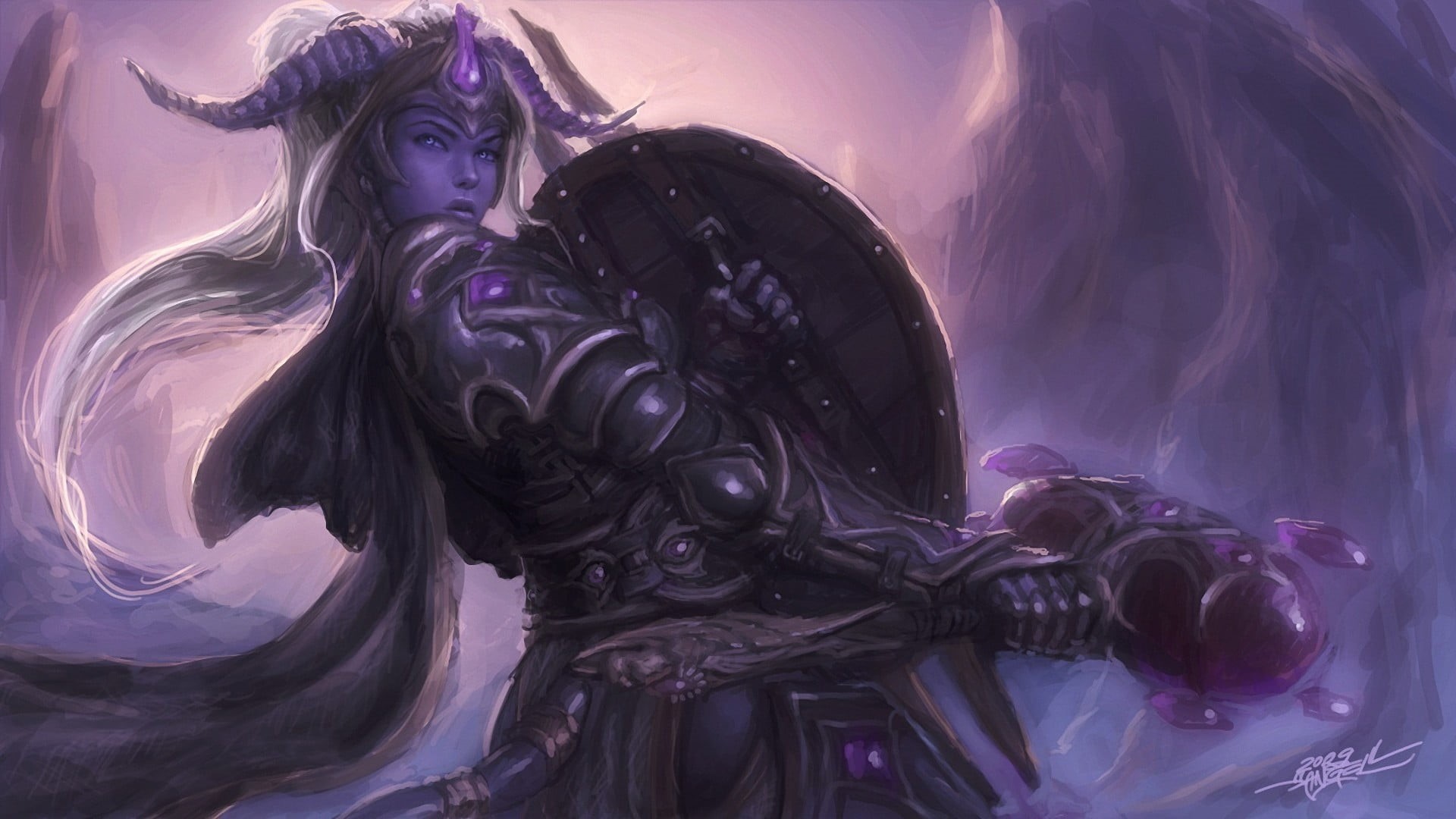 video games, wearing, draenei, shield, metal, Paladin, statue, representation, purple, technology, World of Warcraft, arts culture and entertainment, woman, HD Wallpaper