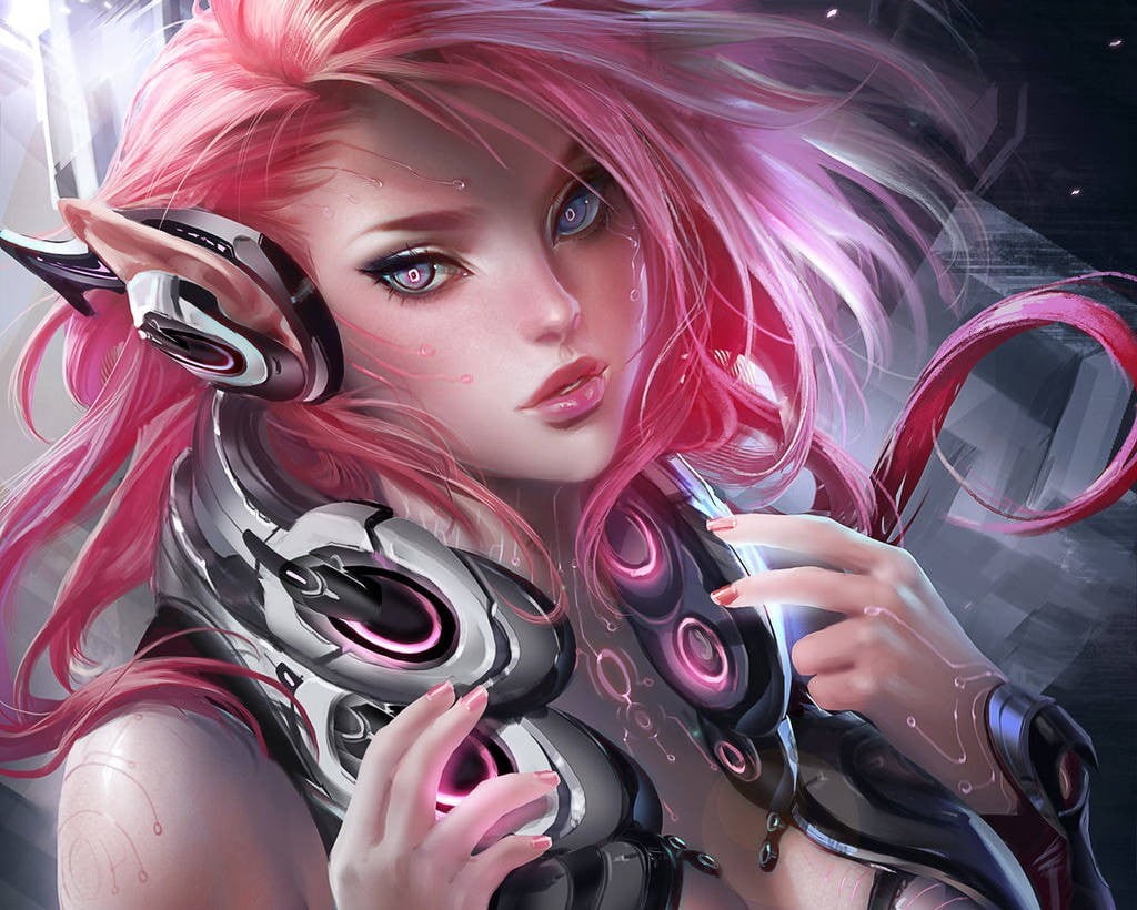 one person, elf, purple, headset, indoors, headshot, young women, lifestyles, hairstyle, pink hair, arwork, pink, haired, front view, fantasy girl, pink color, HD Wallpaper