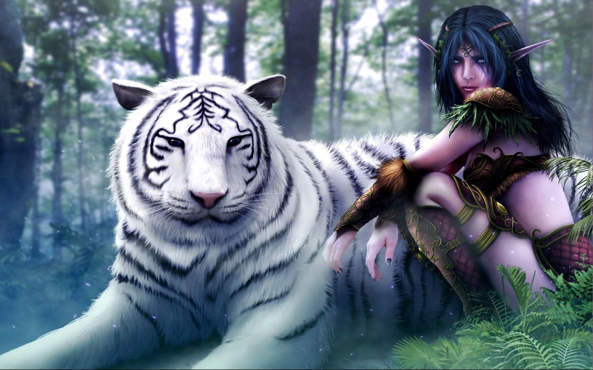 Night Elves, 1080P, Warcraft, sitting, animal wildlife, nature, tree, day, outdoors, portrait, illustration, mammal, big cat, forest, tiger, selective focus, HD Wallpaper