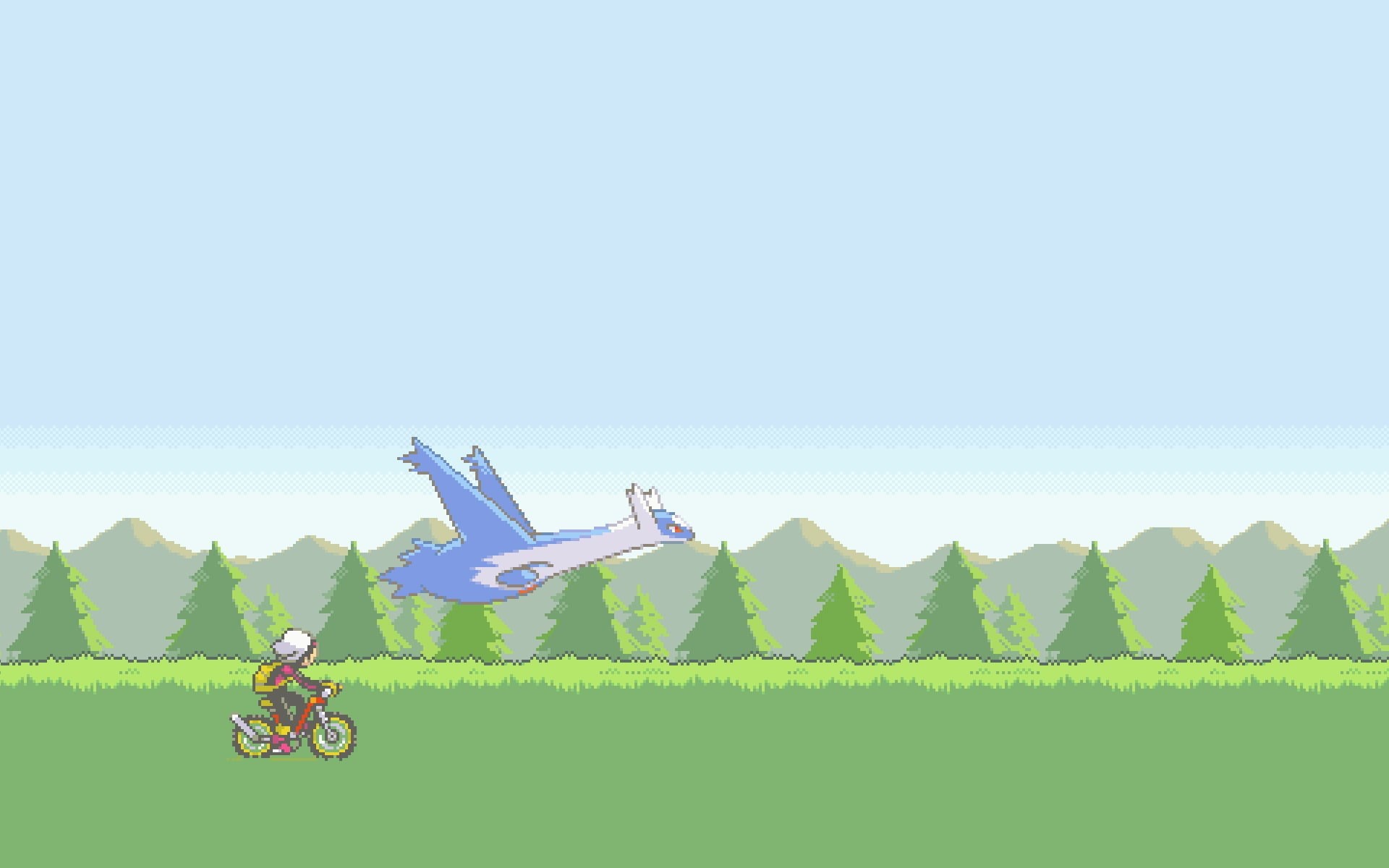 green color, land, illustration, plant, retro games, latios, copy space, grass, video games, 1080P, nature, land vehicle, mode of transportation, sunlight, HD Wallpaper