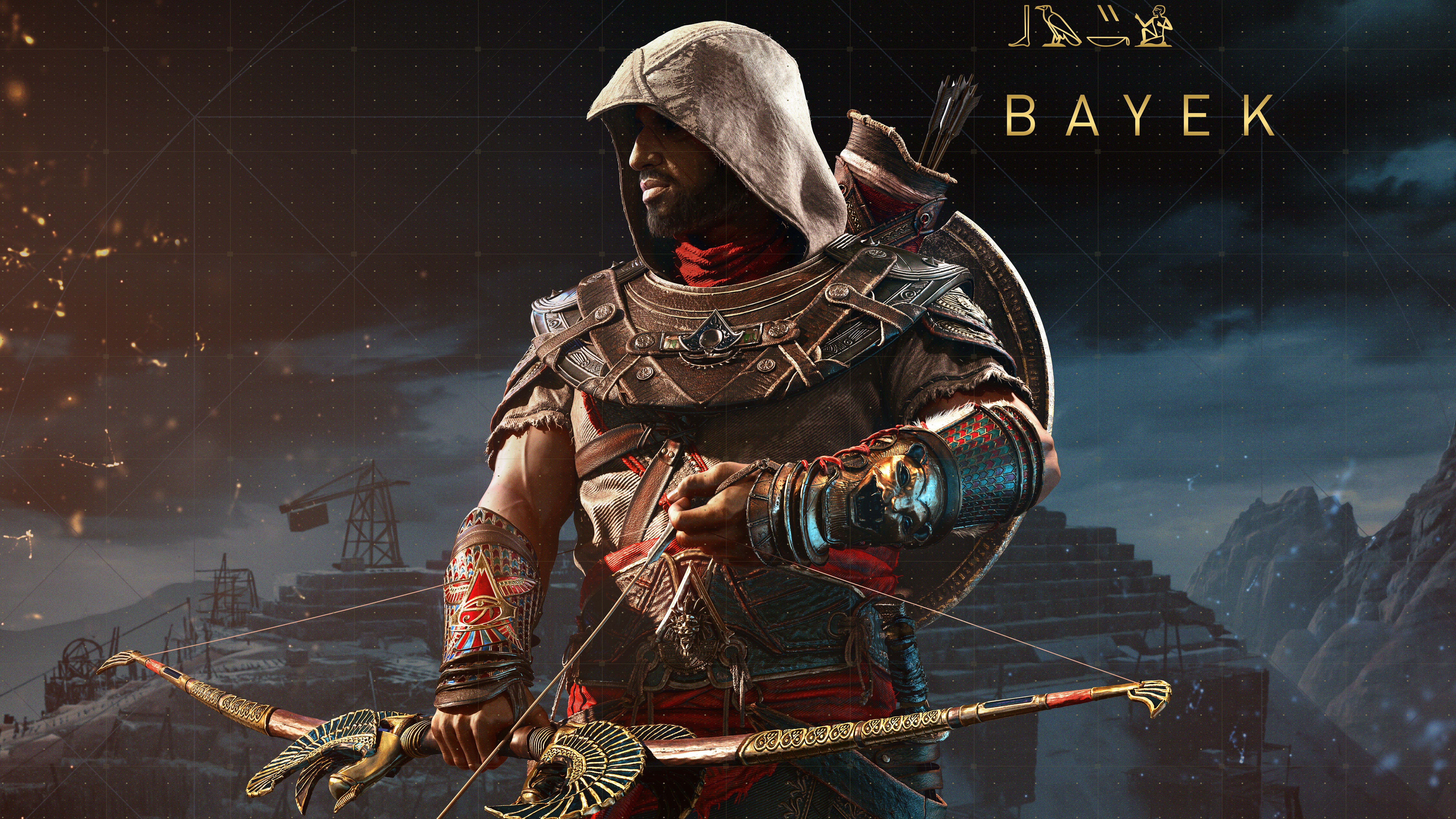 Assassins Creed: Origins, 8K, sign, men, Assassins creed Origins, night, clothing, Assassins Creed, uniform, strength, warning sign, waist up, communication, HD Wallpaper