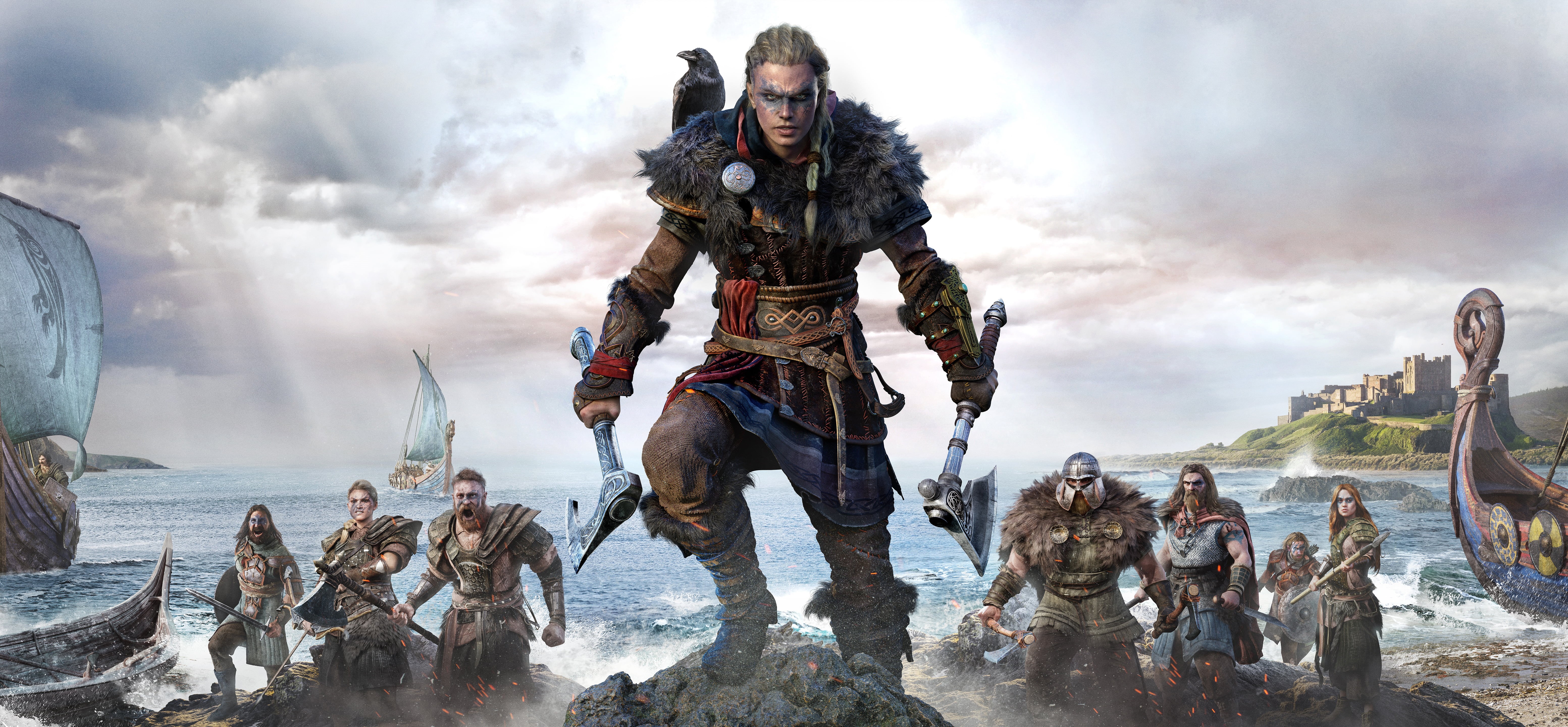 ultrawide, digital art, sea, Axe, boat, viking, video game art, 5K, shield, ultra-wide, video games, Assassins Creed: Valhalla, HD Wallpaper