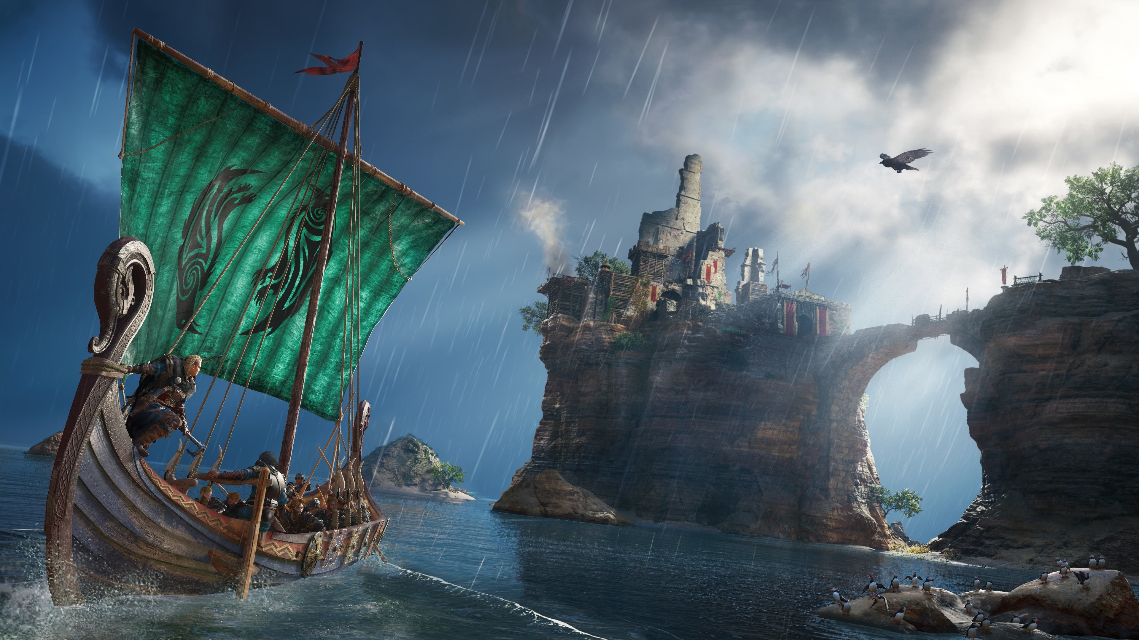 video game art, digital art, viking, raven, boat, video games, Assassins Creed: Valhalla, Axe, 4K, HD Wallpaper