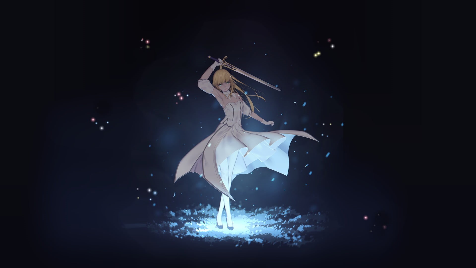 skill, indoors, night, illustration, arts culture and entertainment, Fate Series, blond hair, beauty, performance, sword, adult, Saber, real people, motion, HD Wallpaper