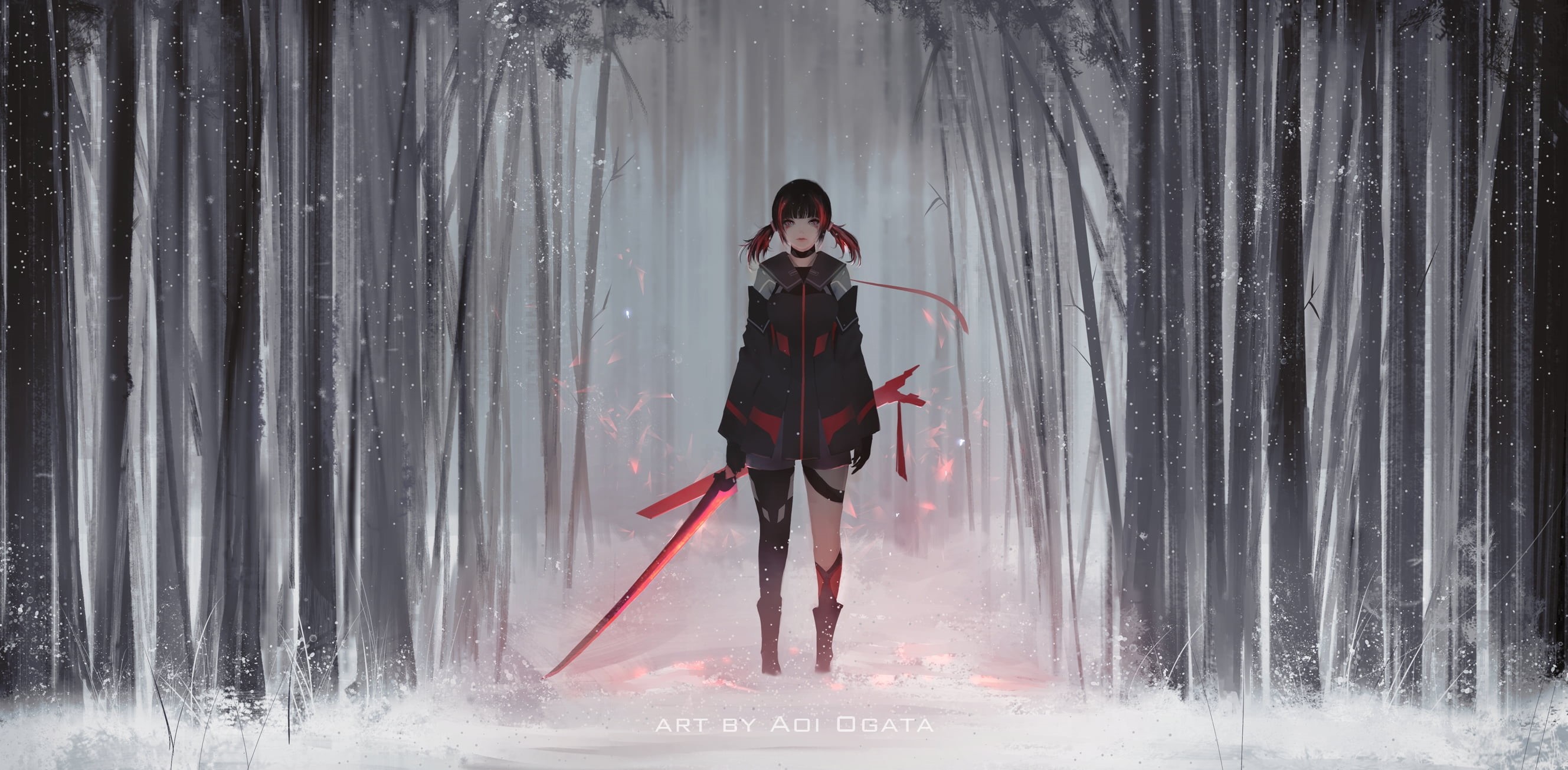 pigtails, snow, weapon, snowing, digital art, looking at viewer, anime, drawing, standing, Aoi Ogata, fantasy girl, fantasy art, short shorts, dyed hair, HD Wallpaper