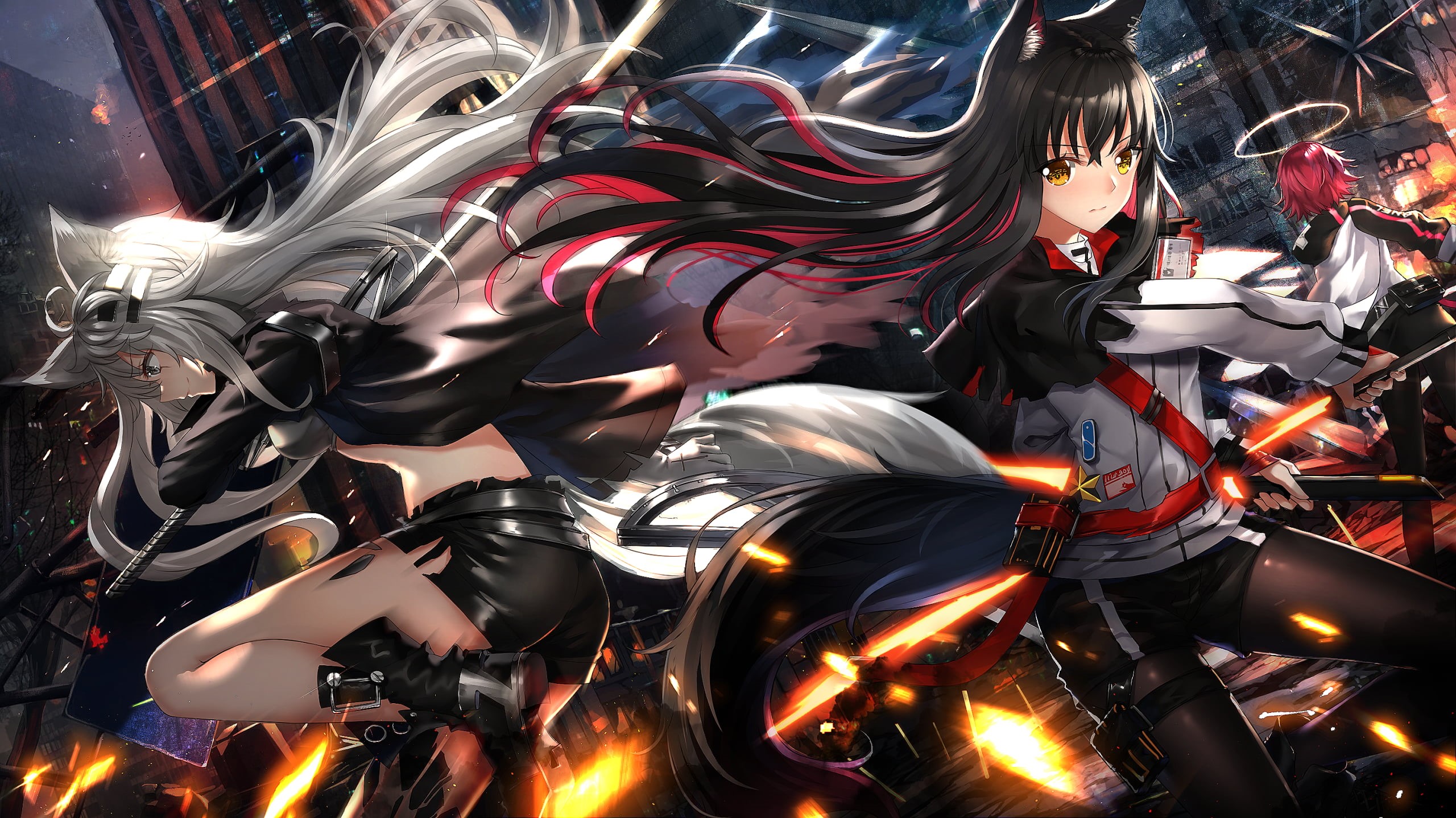animal ears, 2D, anime girls, Arknights, Texas (Arknights), Lappland (Arknights), fantasy girl, Exusiai (Arknights), digital art, battle, 2K, anime, drawing, HD Wallpaper