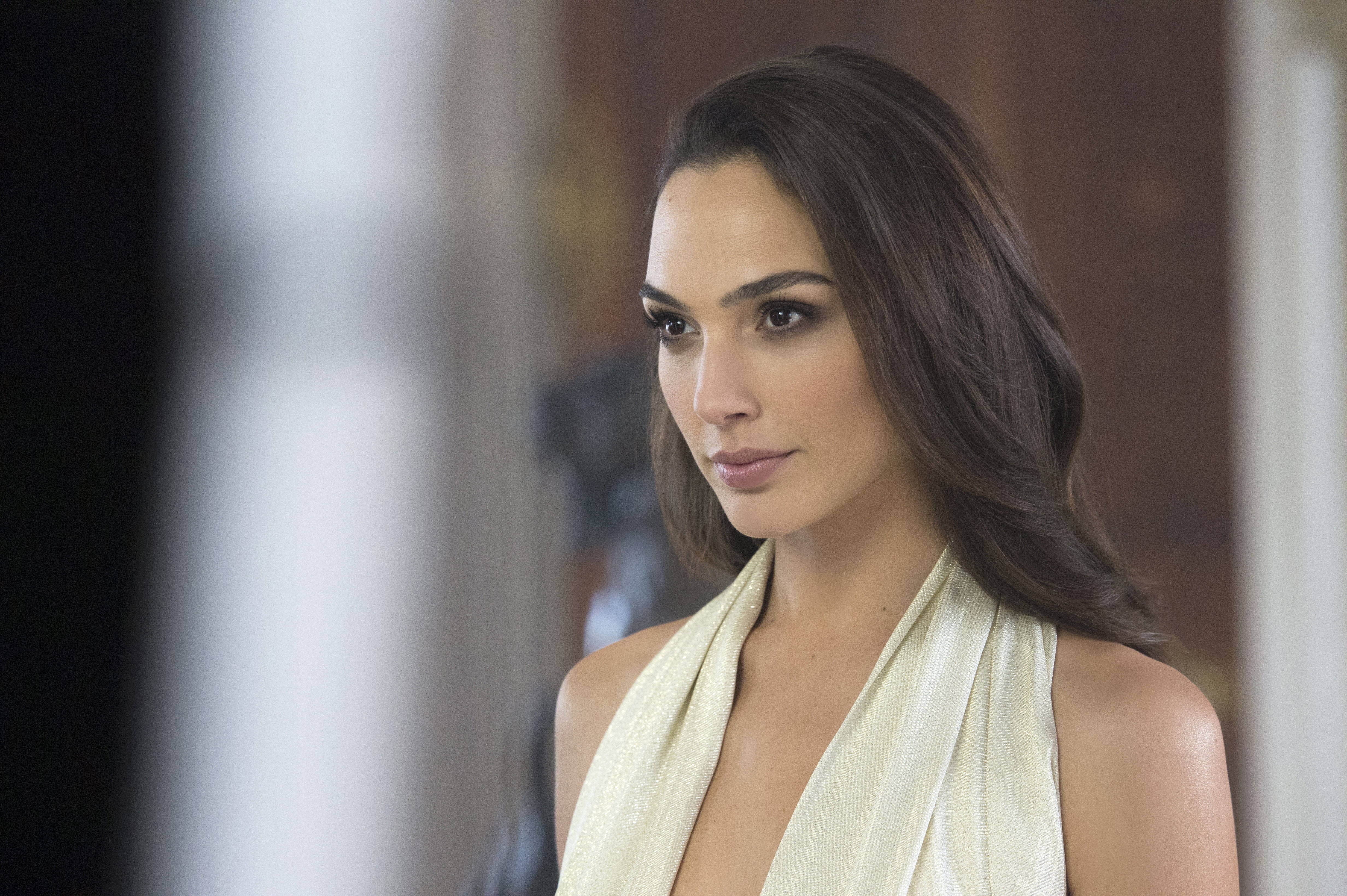 Gal Gadot, gadot, beautiful people, contemplation, headshot, 4K, hair, white dress, young women, actress, serious, gal, brown hair, women, hairstyle, young adult, HD Wallpaper
