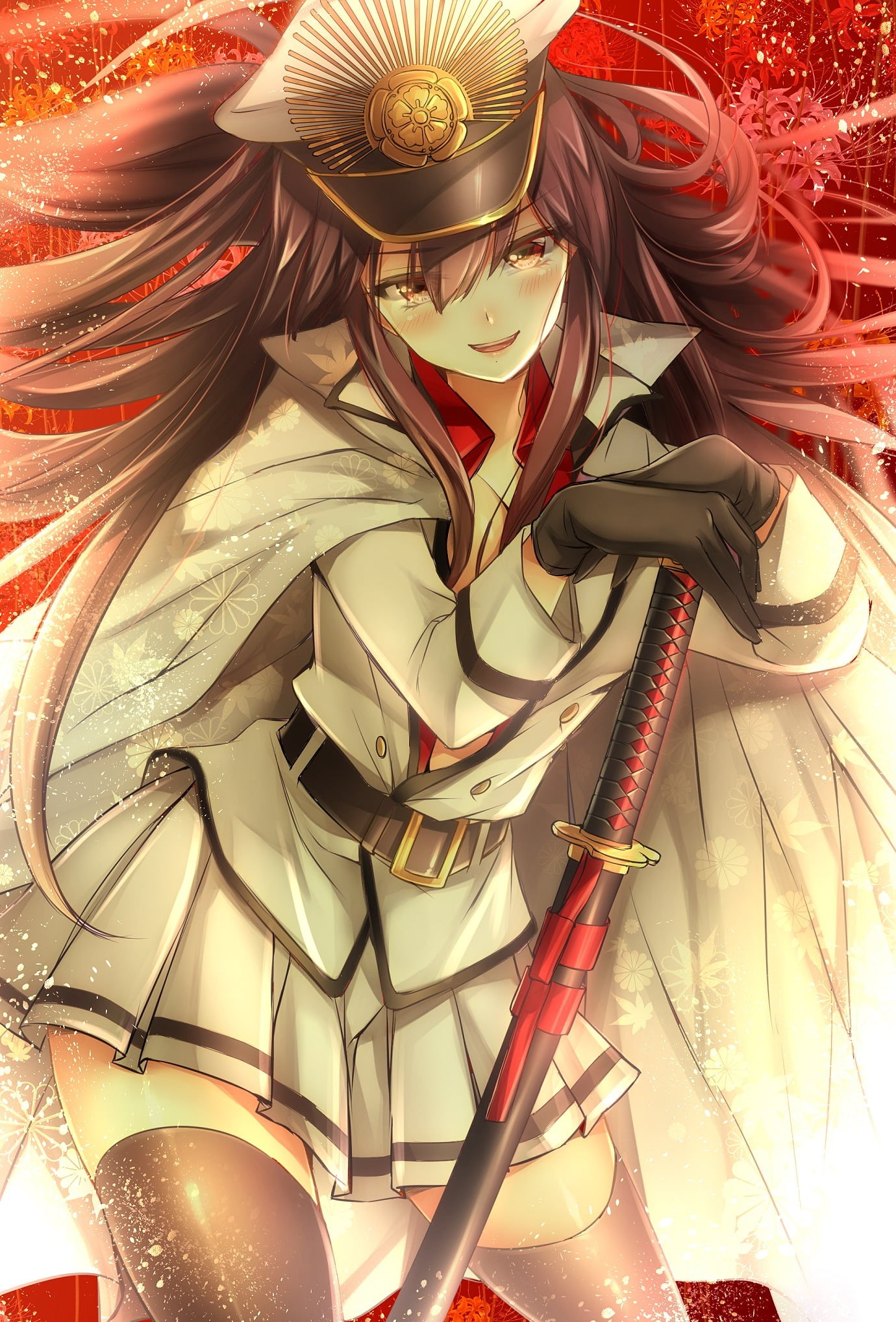 crockery, container, indoors, anime, katana, pattern, food and drink, backgrounds, decoration, creativity, metal, no people, red, full frame, sword, multi colored, Phone HD Wallpaper
