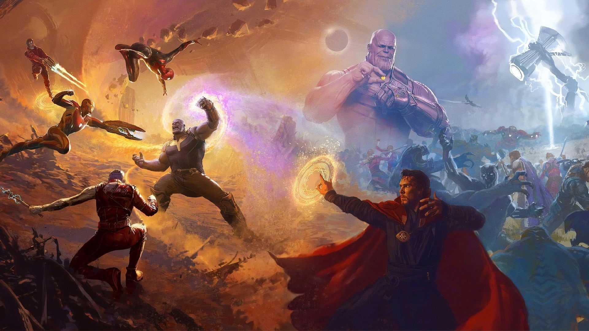 Iron Man, Black Panther, Doctor Strange, The Avengers, 1080P, Marvel Comics, Starlord, Spider-Man, artwork, Marvel Cinematic Universe, fantasy art, Thanos, HD Wallpaper