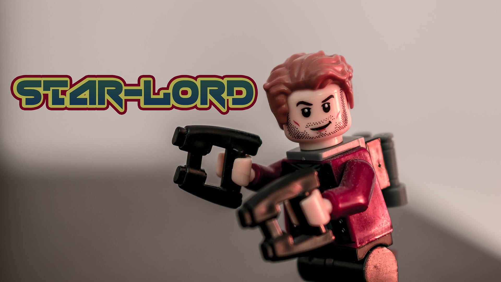 Guardians of the Galaxy Vol. 2, Guardians of the Galaxy, 1080P, pistol, blurred, Retro style, gray background, Starlord, simple background, LEGO, HD Wallpaper