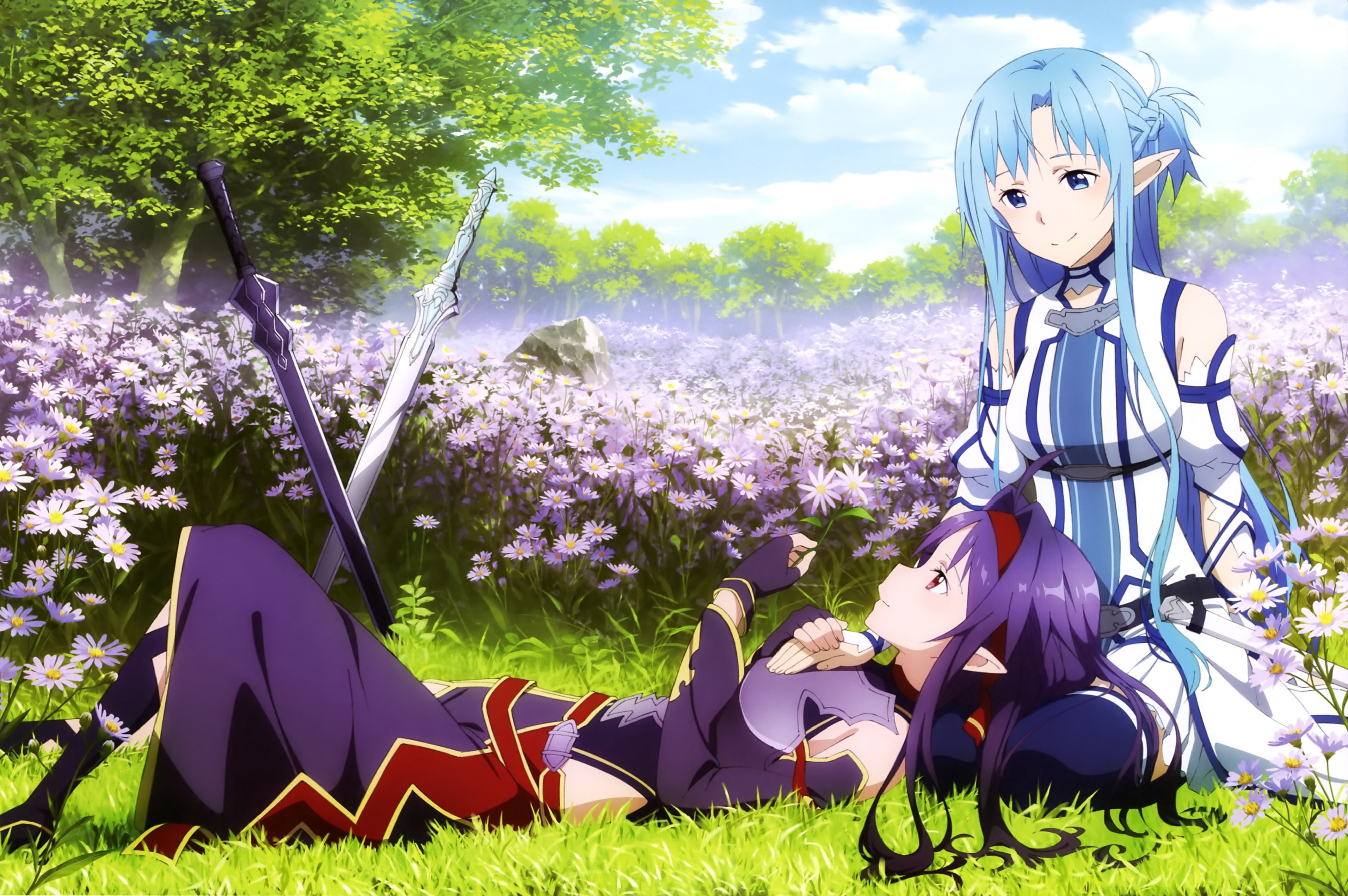 representation, male likeness, outdoors, anime, green color, flower, land, human representation, Yuuki Asuna, nature, tree, flowering plant, no people, HD Wallpaper