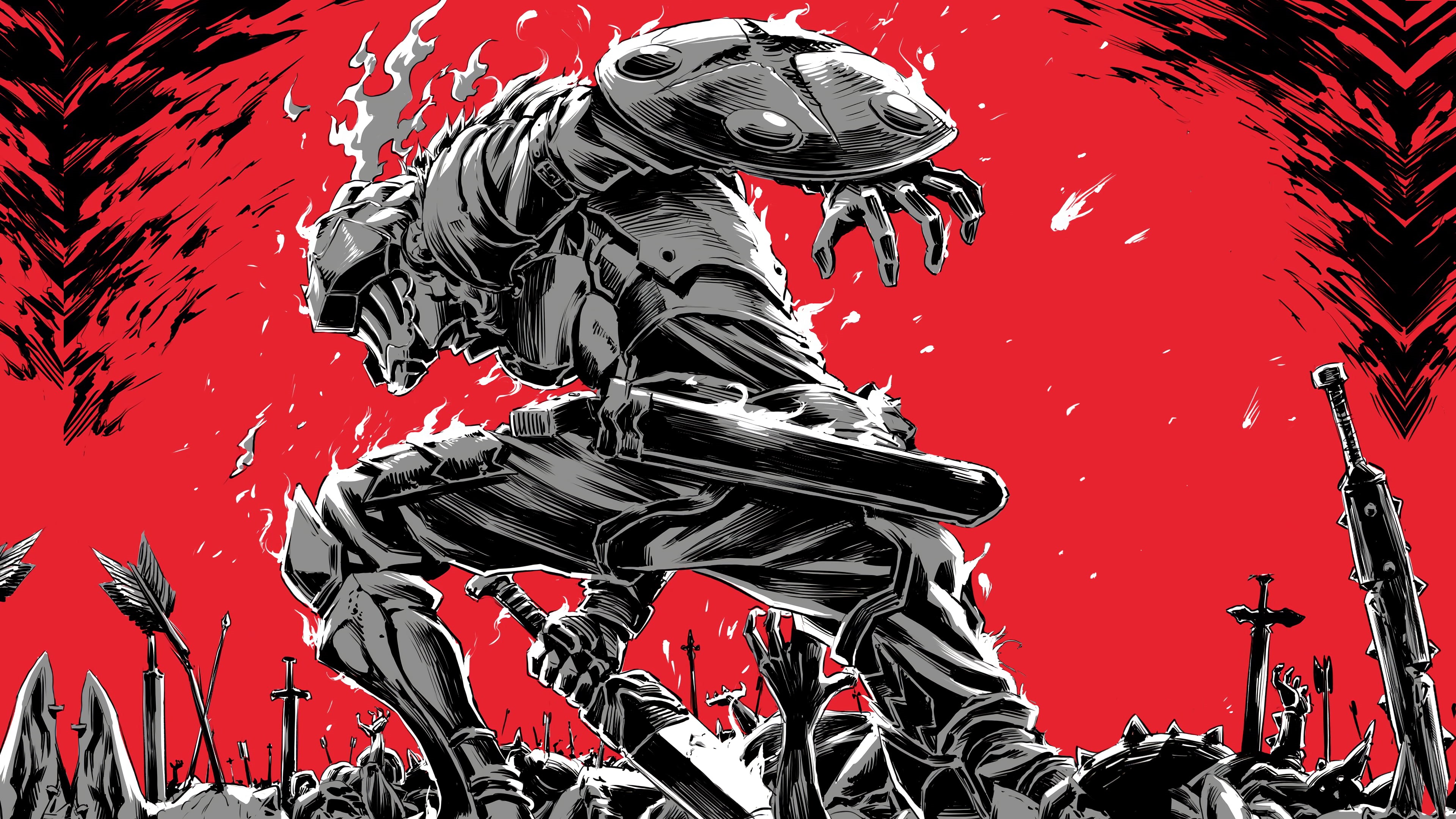 anime, armor, red background, 4K, Goblin Slayer, HD Wallpaper