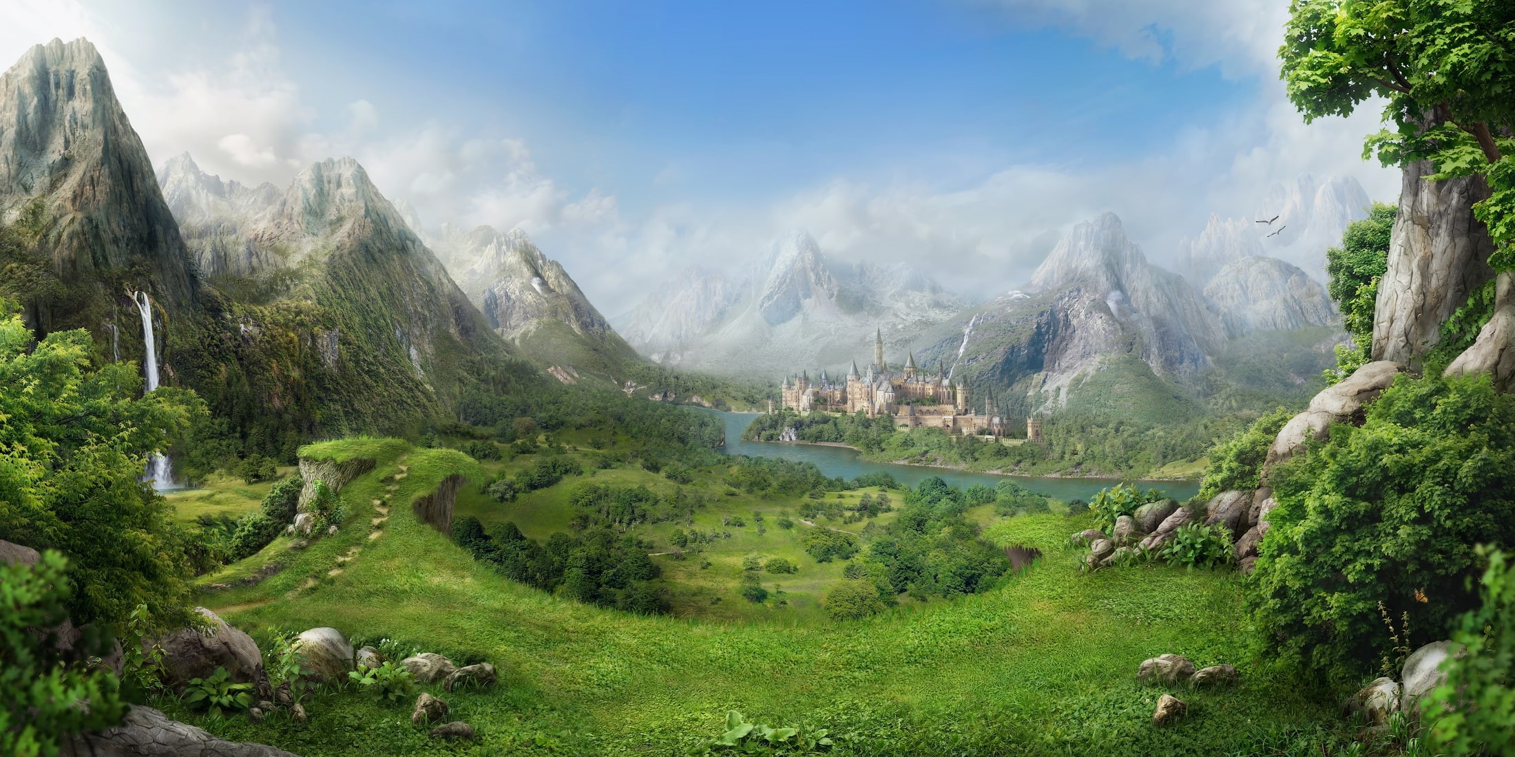 tree, landscape, scenics - nature, 1080P, mountains, tranquility, plant, tranquil scene, green color, Fantasy, day, waterfall, fantasy landscape, bird, HD Wallpaper