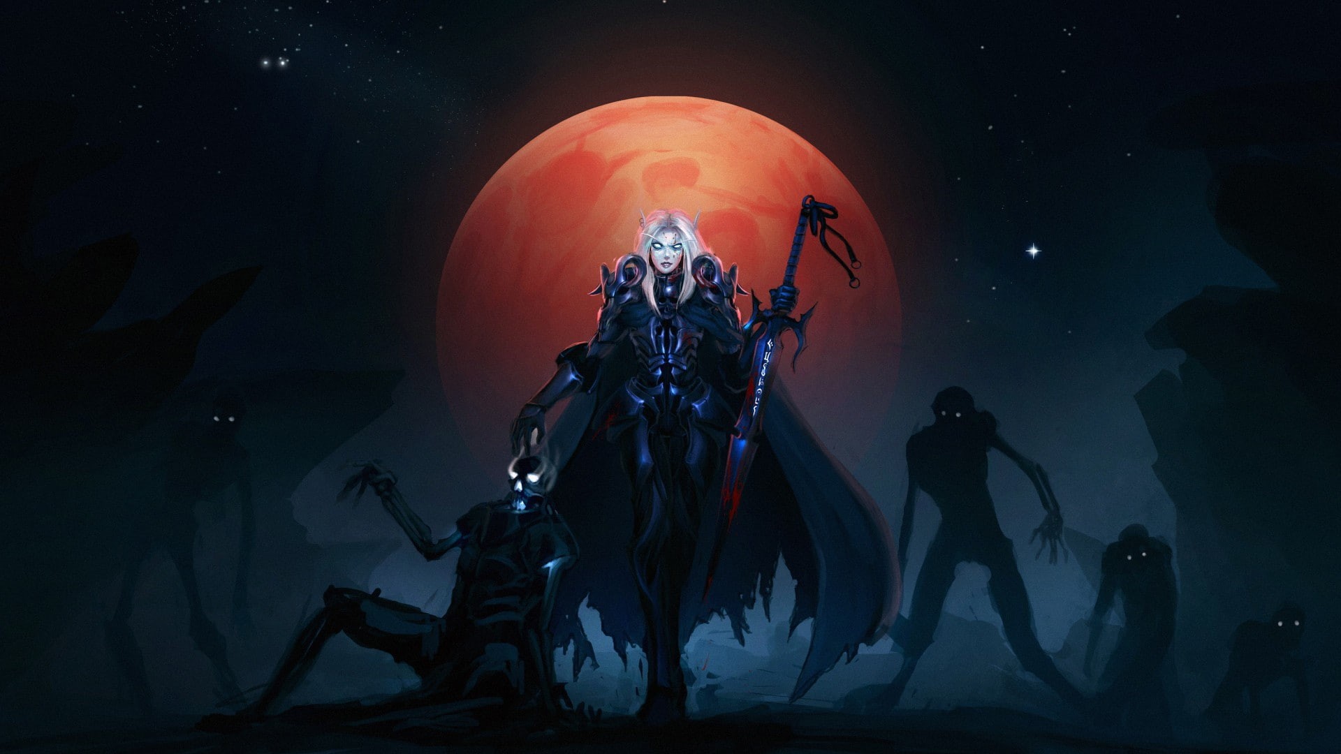 undead, night, science, sky, white, Death Knight, full length, art and craft, outdoors, space, sword, silhouette, character, long, 1080P, Moon, HD Wallpaper