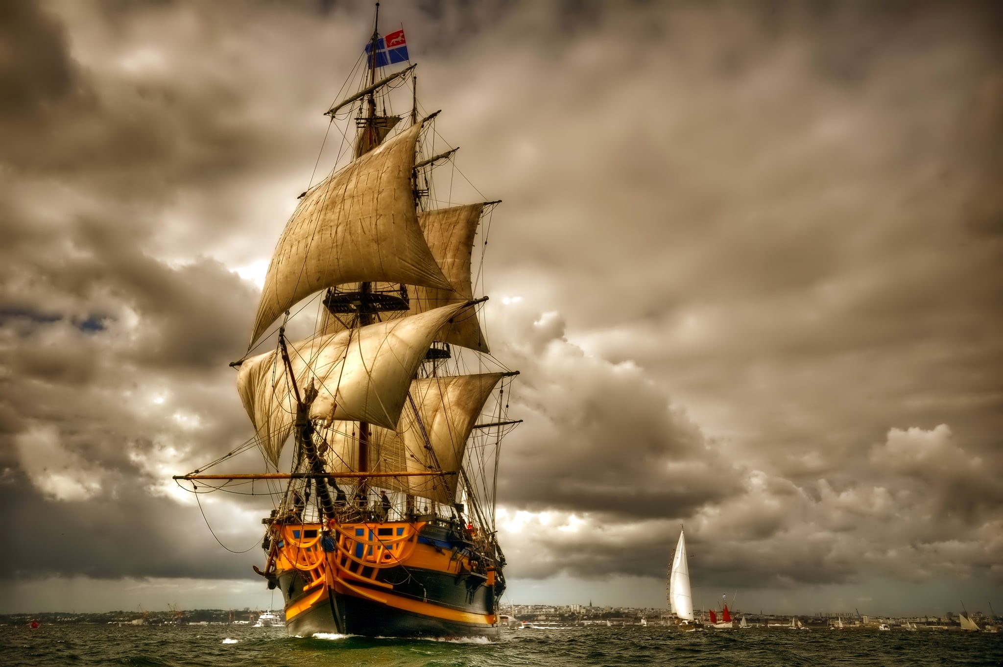 summer, water, coastline, rigging, color Image, obsolete, mode of Transport, travel, military Ship, sunset, nature, dramatic sky, sail, storm, HD Wallpaper