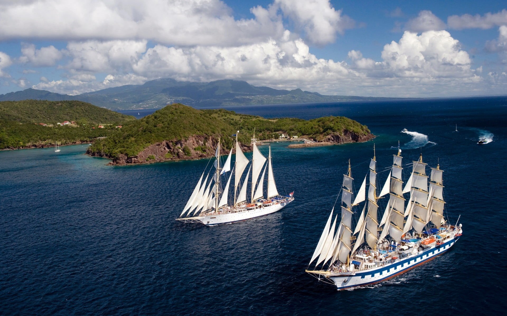mountain, passenger craft, travel, cloud - sky, nature, 1080P, yacht, travel destinations, sailing ship, white, sea, luxury, nautical vessel, sailing, HD Wallpaper