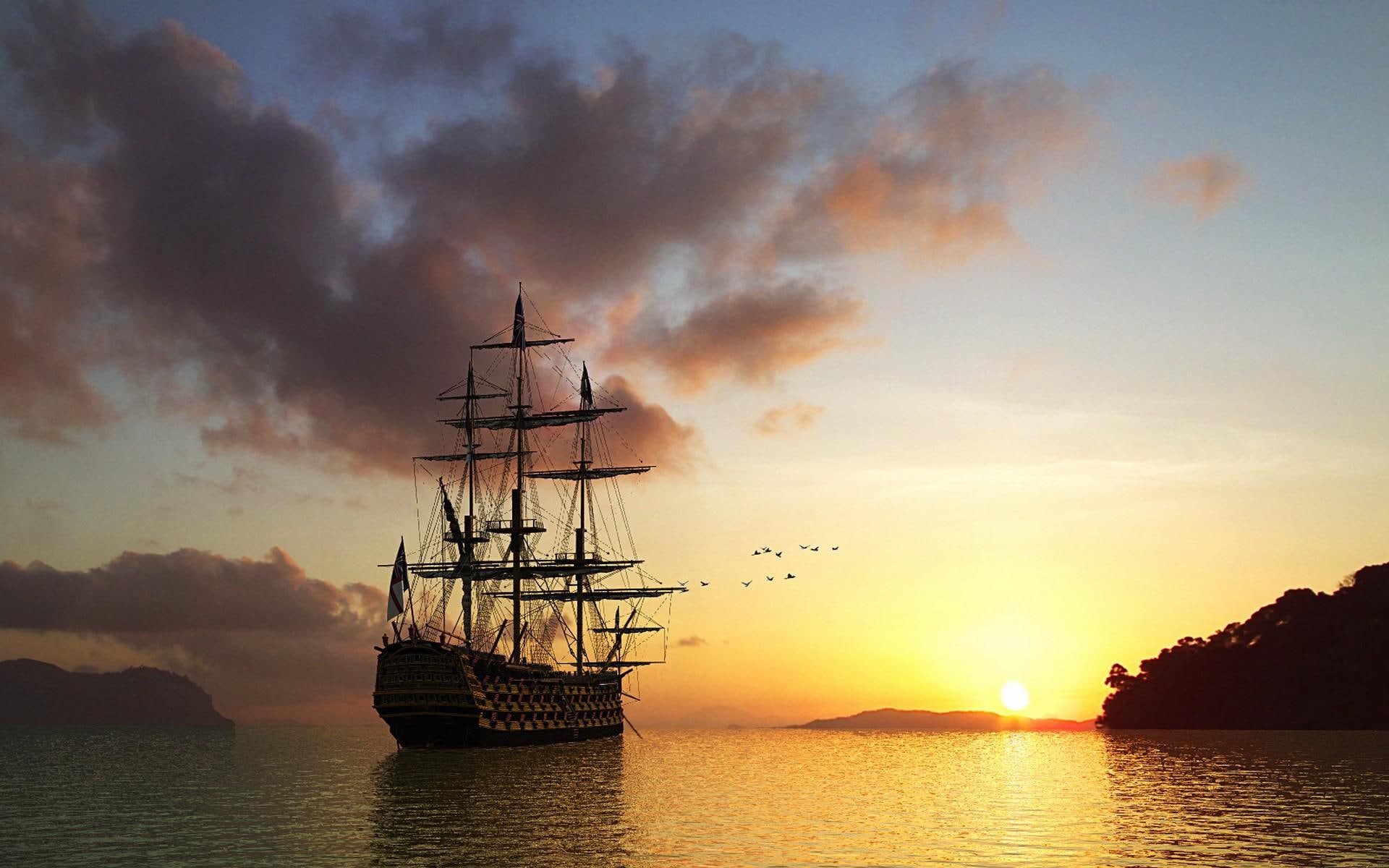 sunrise - sunset, android, 1080P, ship, sails, ships, sail, HD Wallpaper