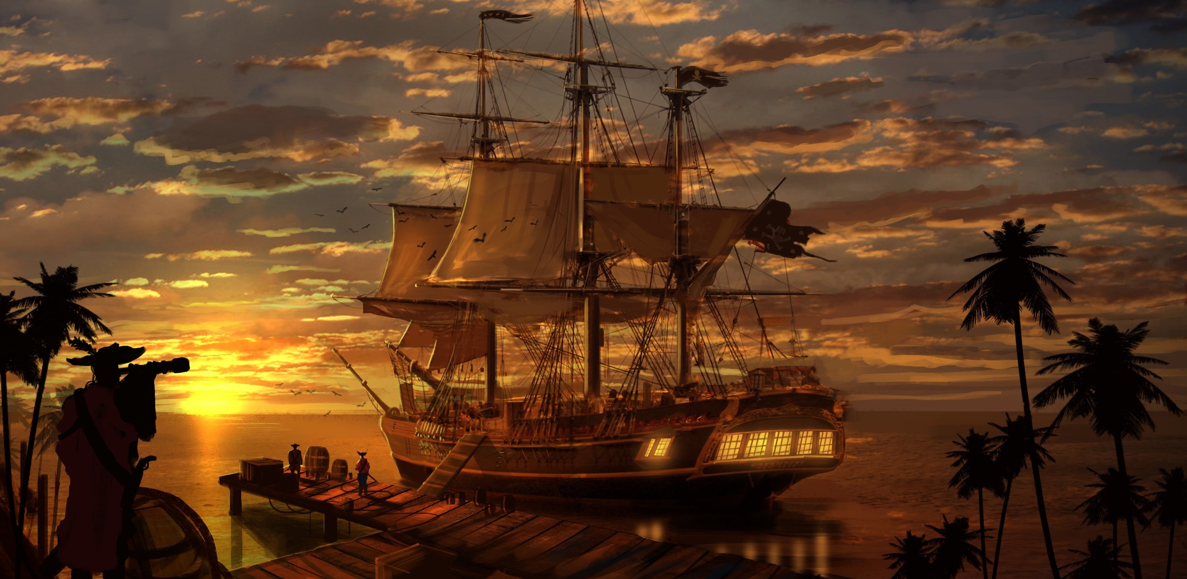 pirates, cruise ship, sailing ship, sunset, glass, orange color, beauty in nature, palm tree, transportation, outdoors, cloud - sky, sailing, nautical vessel, HD Wallpaper