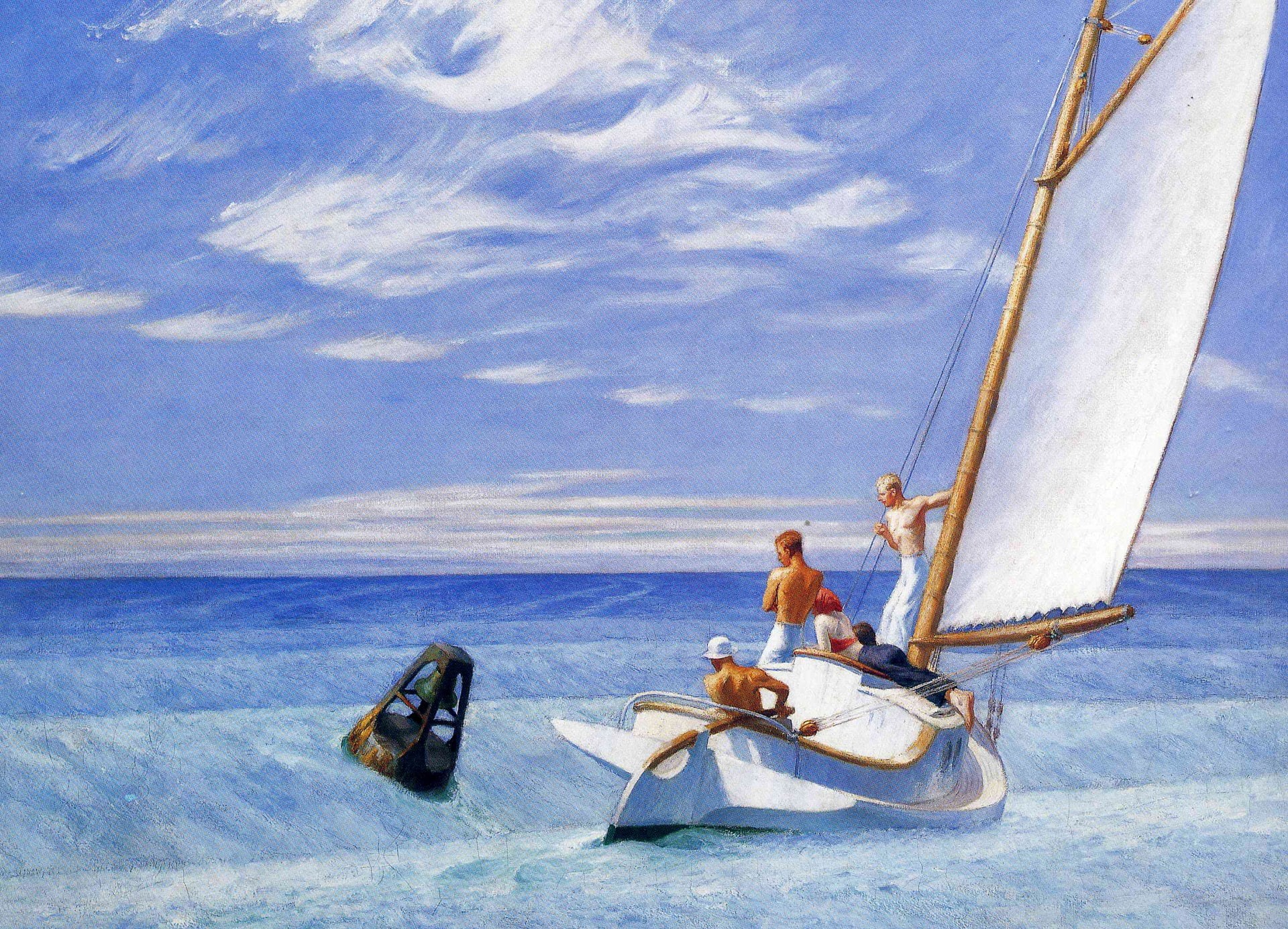 Ground Swell, sail, Edward Hopper, picture, seascape, yacht, boat, people, 1080P, sea, HD Wallpaper