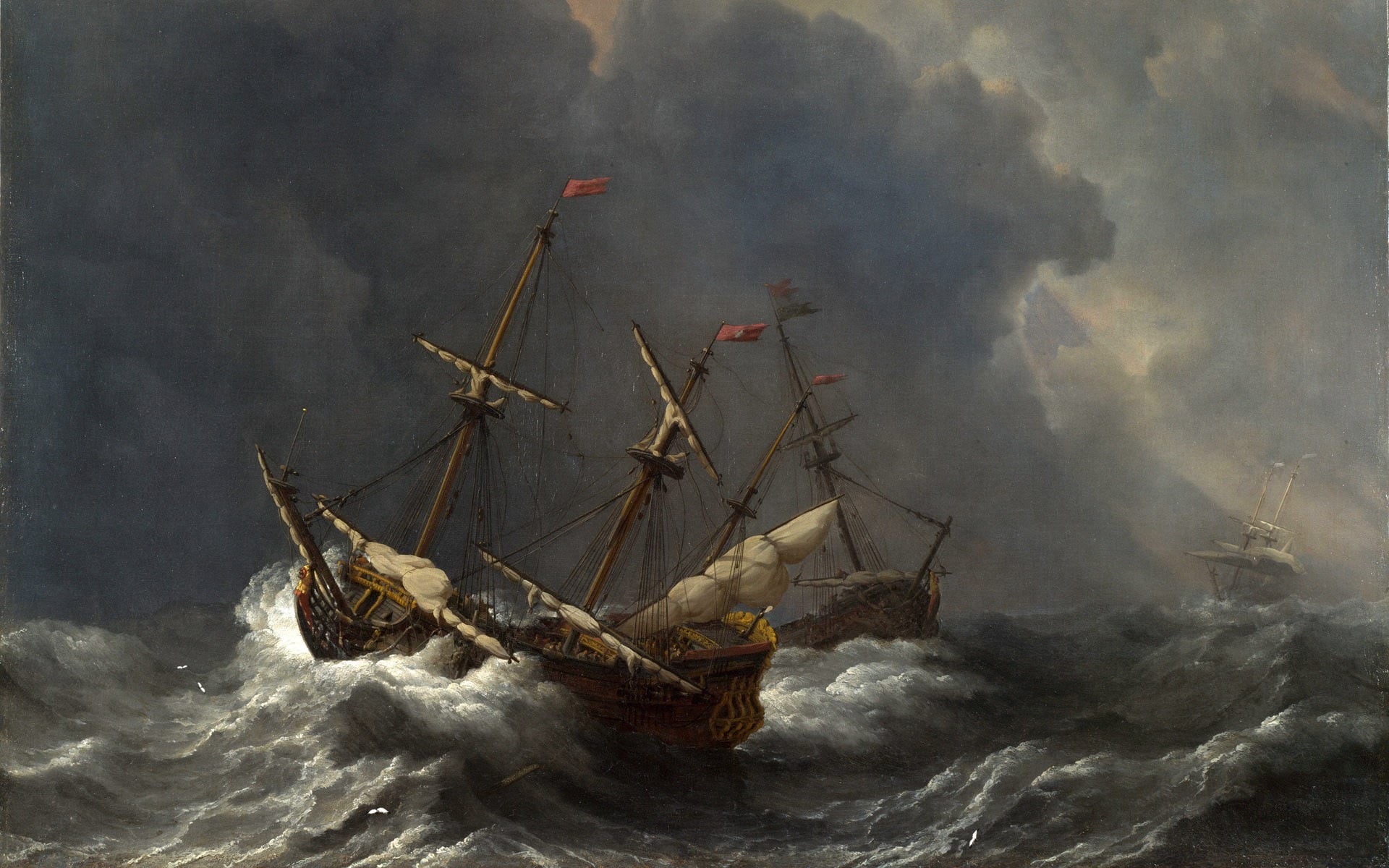 history, motion, outdoors, Willem van de Velde, artwork, rigging, mode of transportation, no people, galleon, sailing, smoke - physical structure, the past, HD Wallpaper