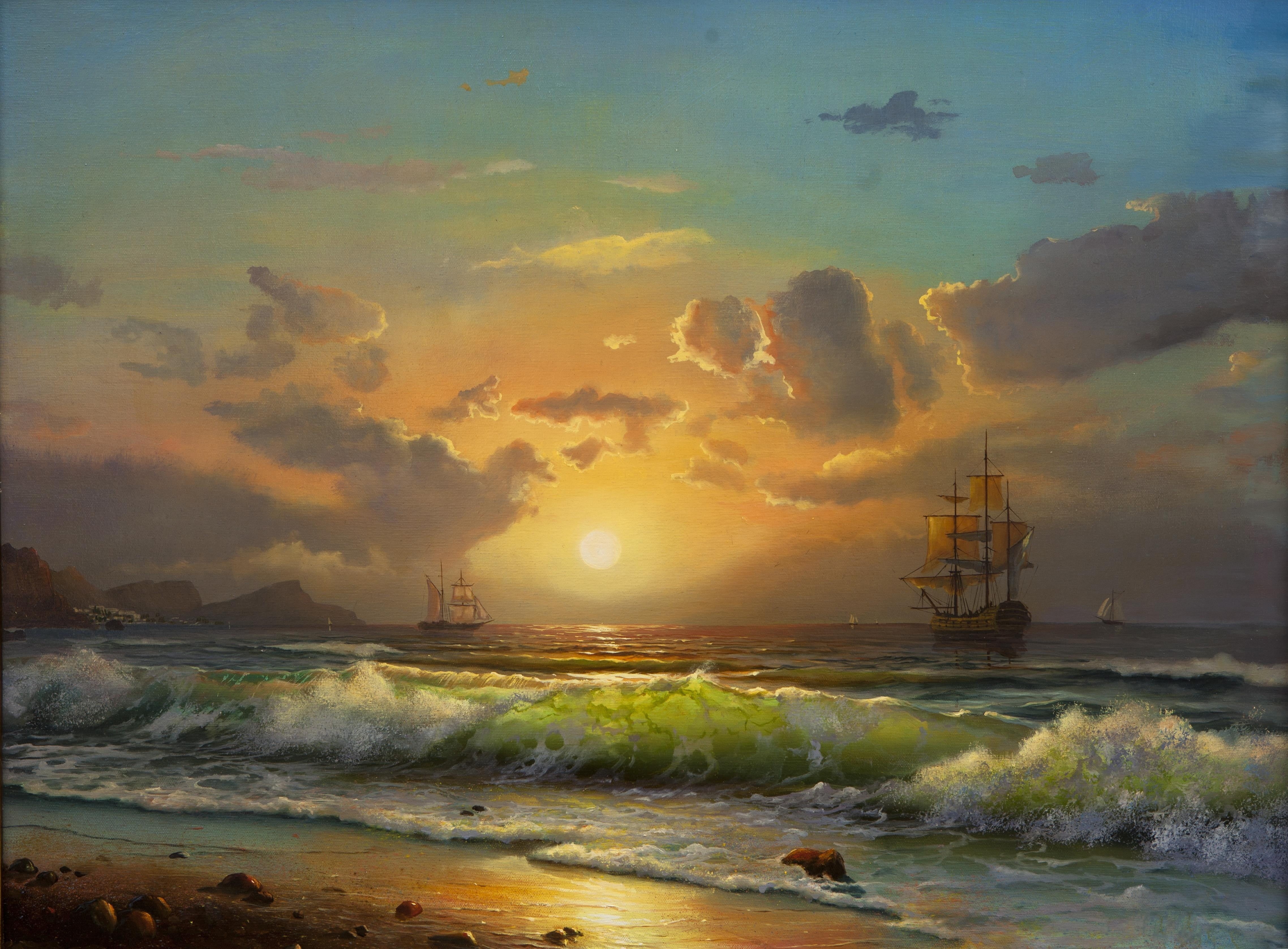 motion, land, clouds, industry, waves, transportation, cloud - sky, nautical vessel, wave, ship, sea, orange color, galleon, beach, nature, architecture, HD Wallpaper