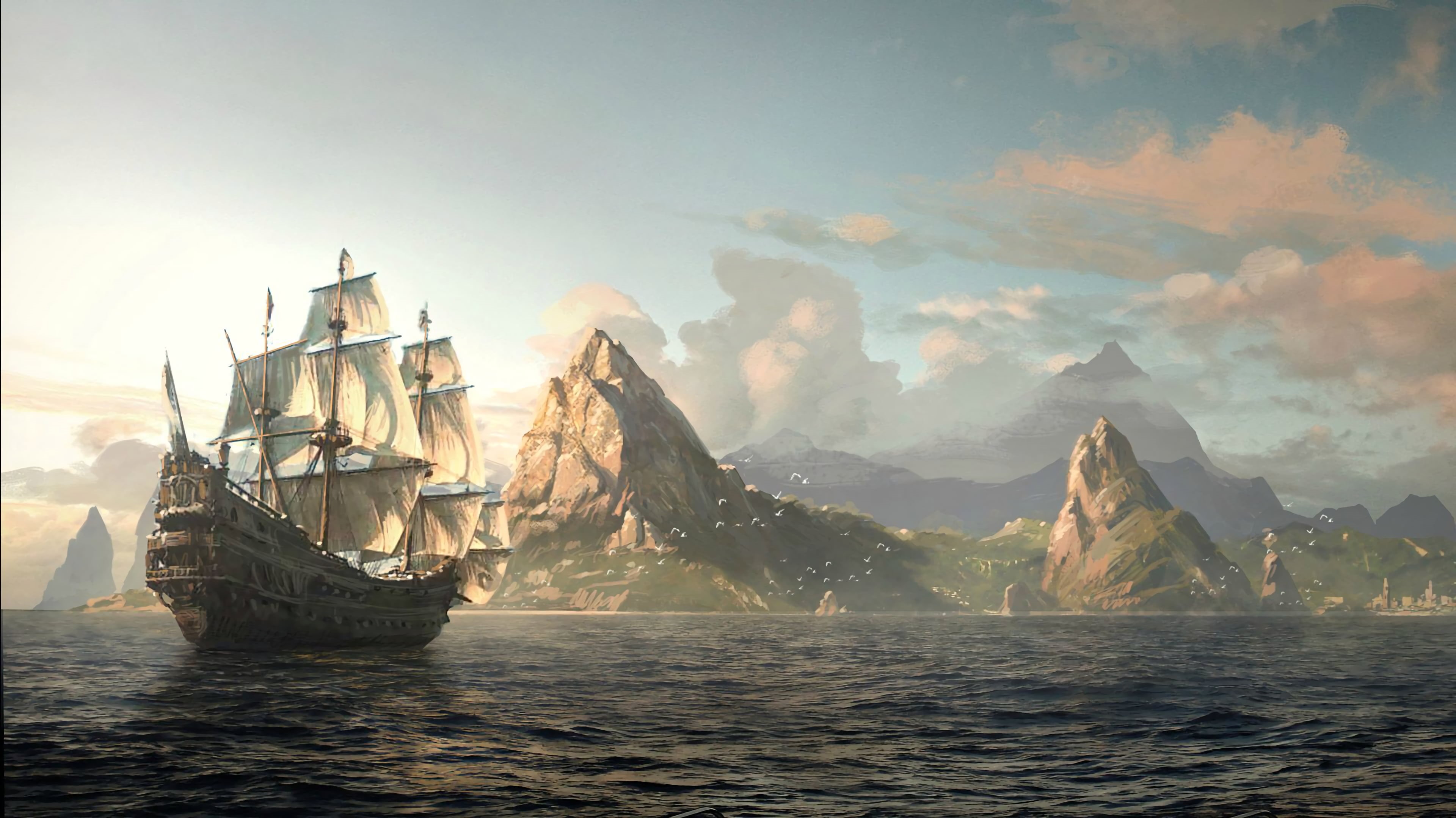 4K, passenger craft, galleon, island, nature, nautical vessel, yacht, sailboat, no people, ship, boat, illustration, waterfront, scenics - nature, mountain, HD Wallpaper