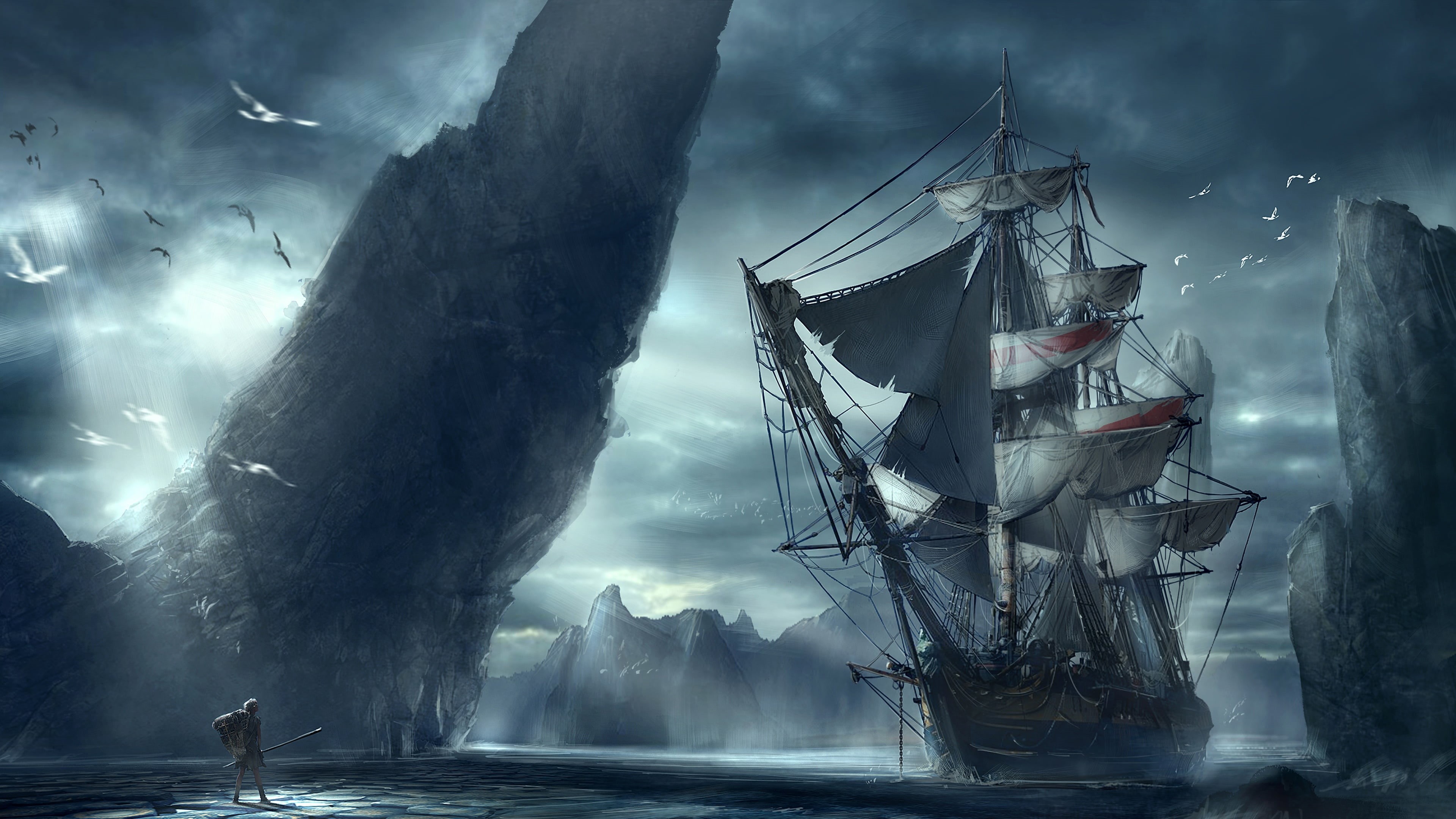 storm cloud, storm, sea, overcast, power in nature, water, beauty in nature, sailing ship, galleon, brig, ship of the line, power, 4K, battleship, caravel, HD Wallpaper