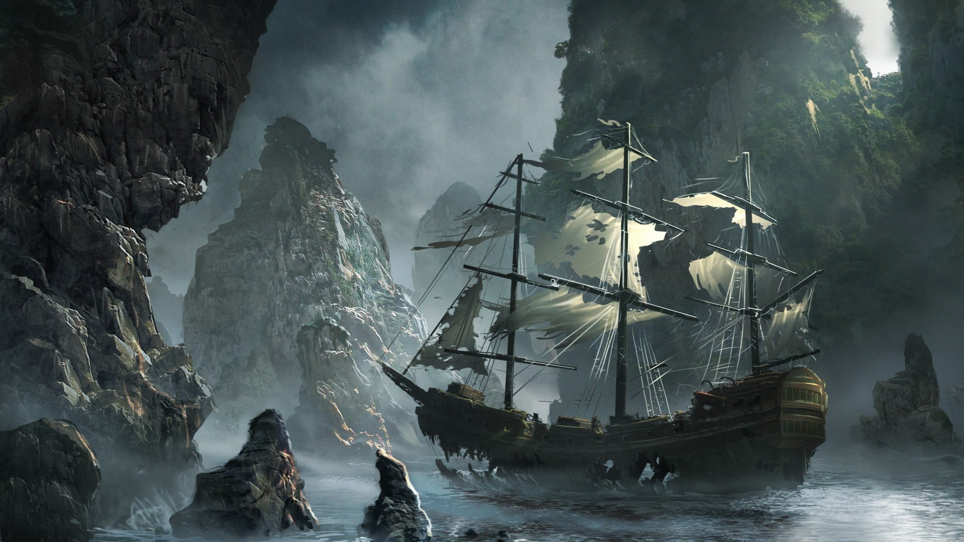 boat, mode of transportation, rock - object, fog, near, rock, nature, sky, transportation, land, stones, water, galleon, solid, real people, sailboat, ship, HD Wallpaper