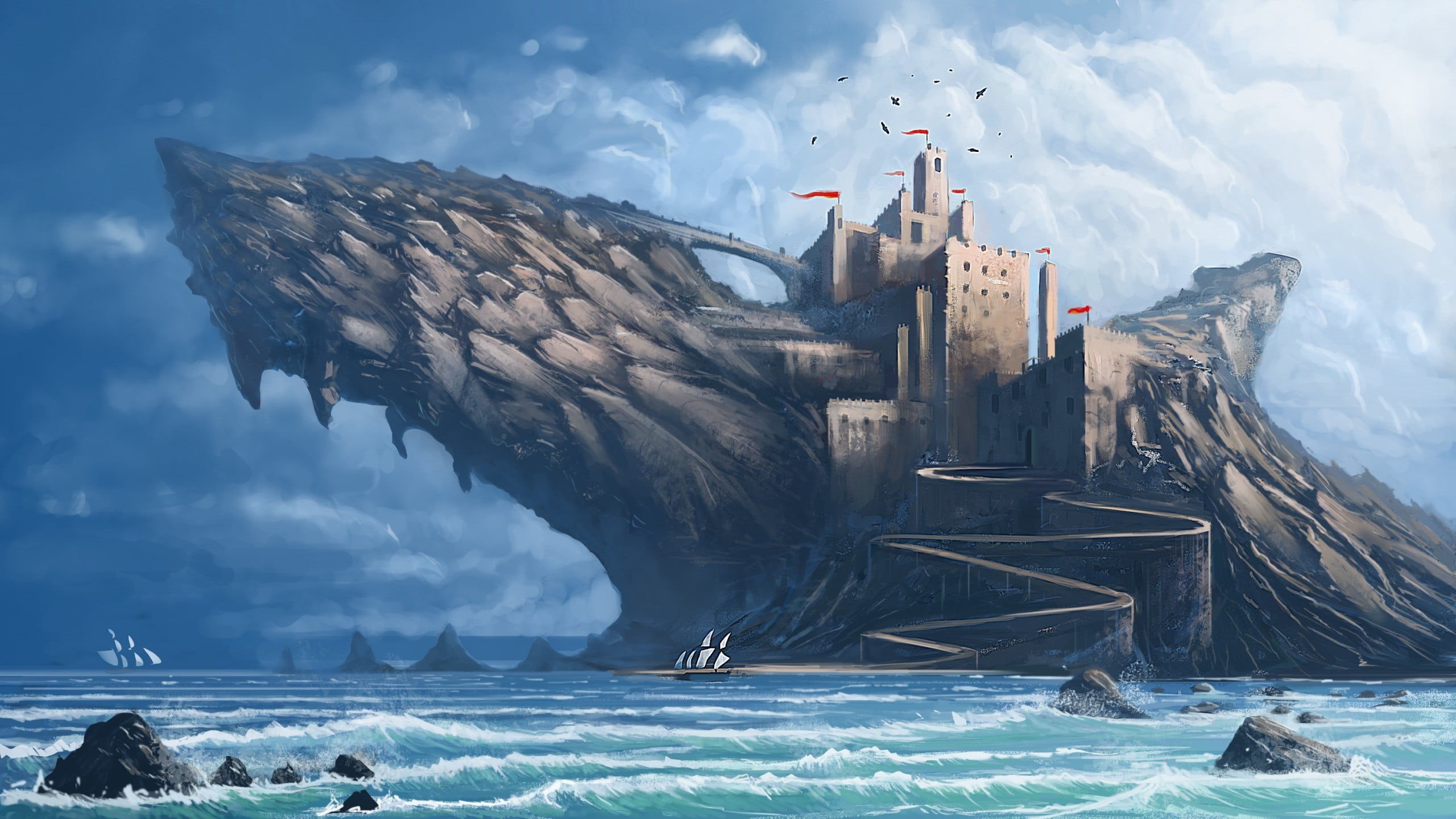 cloud - sky, no people, fin, outdoors, digital art, bird, fantasy art, 2K, rock, group of animals, water, painting, animal, shark, motion, castle, sailing ship, HD Wallpaper
