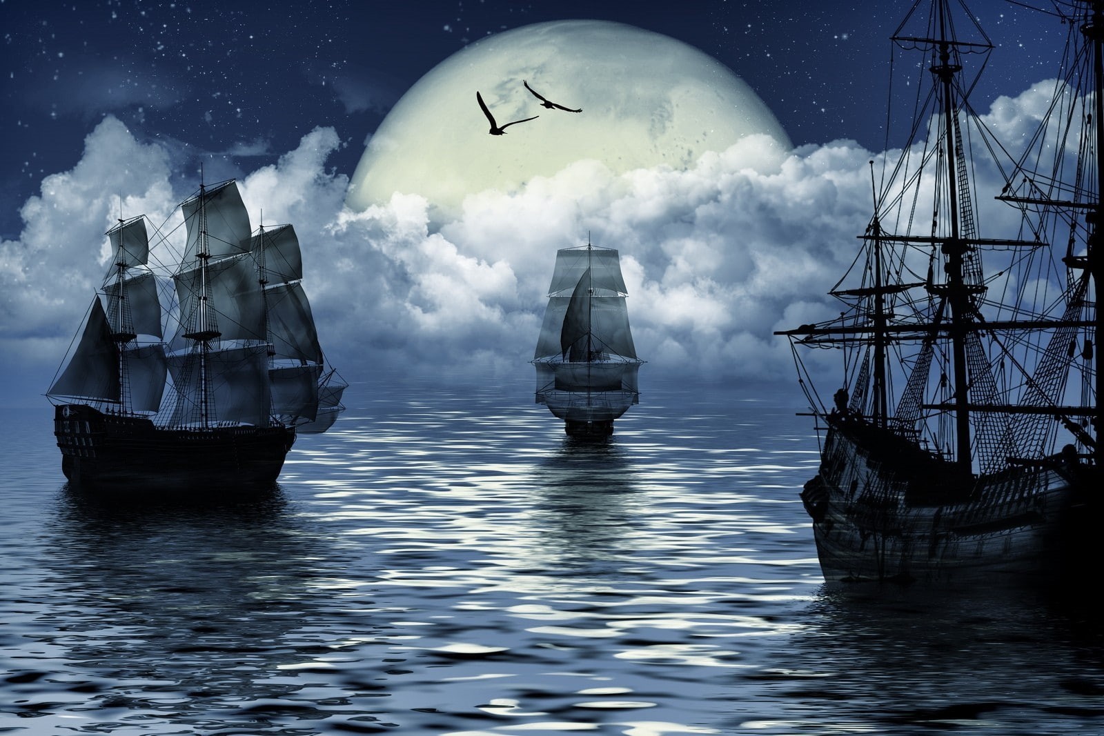 sea, birds, render, Moon, clouds, 720P, fantasy art, sailing ship, HD Wallpaper
