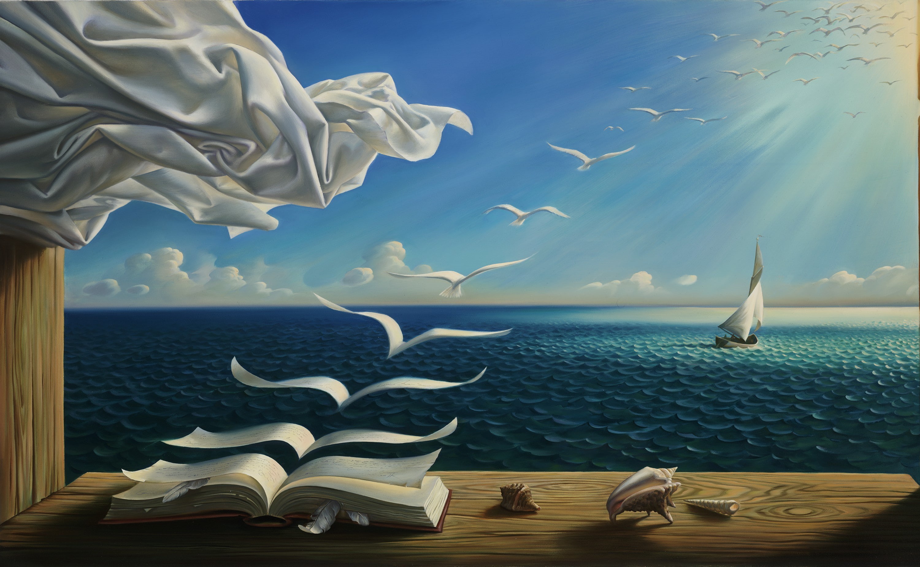 curtains, 2K, flying, sunlight, fantasy art, painting, seashell, sailing ship, clouds, Sun, nature, feathers, table, books, sea, surreal, digital art, HD Wallpaper