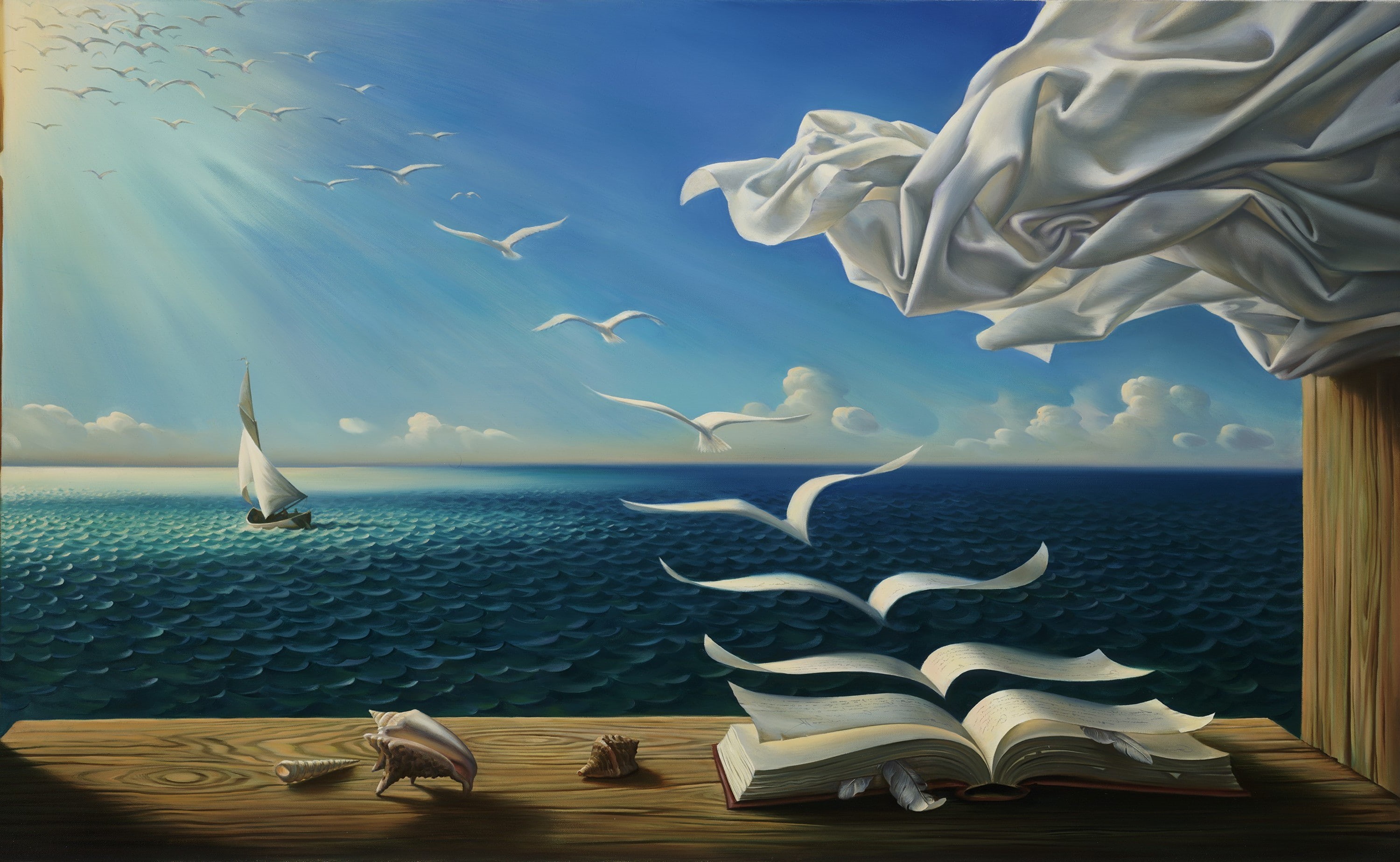 painting, no people, vertebrate, animals in the wild, beauty in nature, water, Curtains, clouds, seagull, animal, feathers, horizon over water, flock of birds, HD Wallpaper