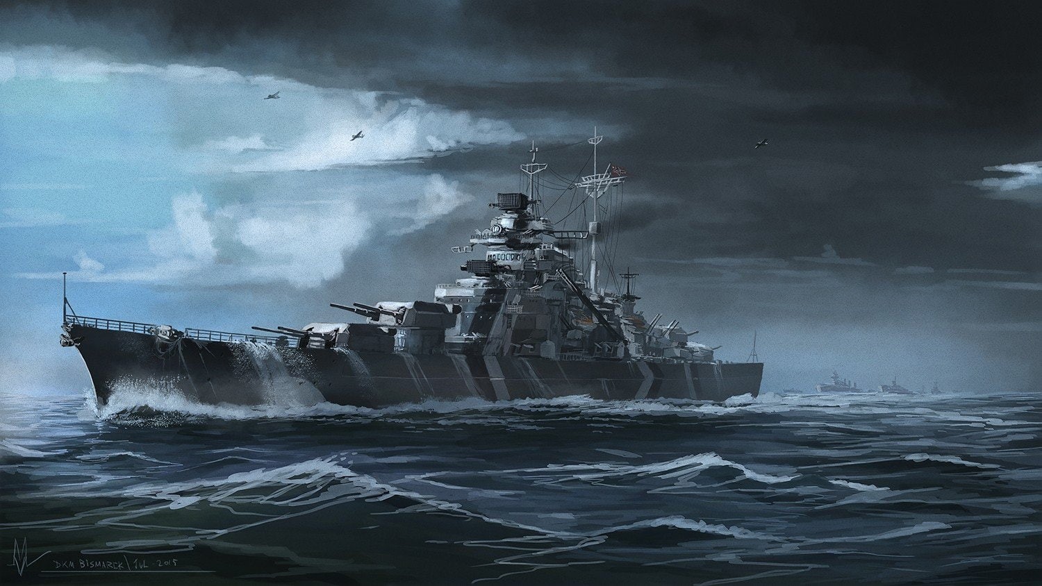 atlantic ocean, rene descartes, storm, Ocean Battle, fantasy Art, ship, Bismarck (ship), 720P, airplane, Battleship, clouds, HD Wallpaper