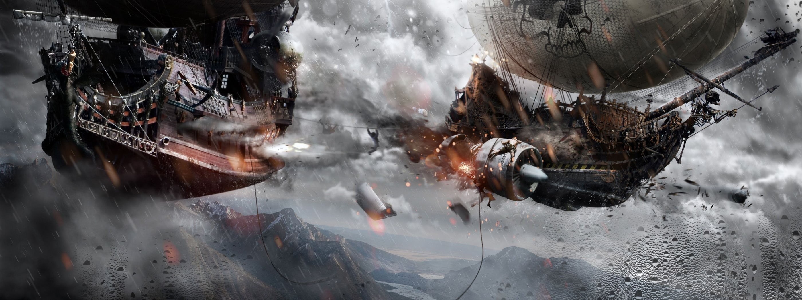 flying, industry, smoke - physical structure, cloud - sky, digital, sailing ship, water, ocean battle, 2K, panoramic, strength, land, Alexader Koshelkov, HD Wallpaper
