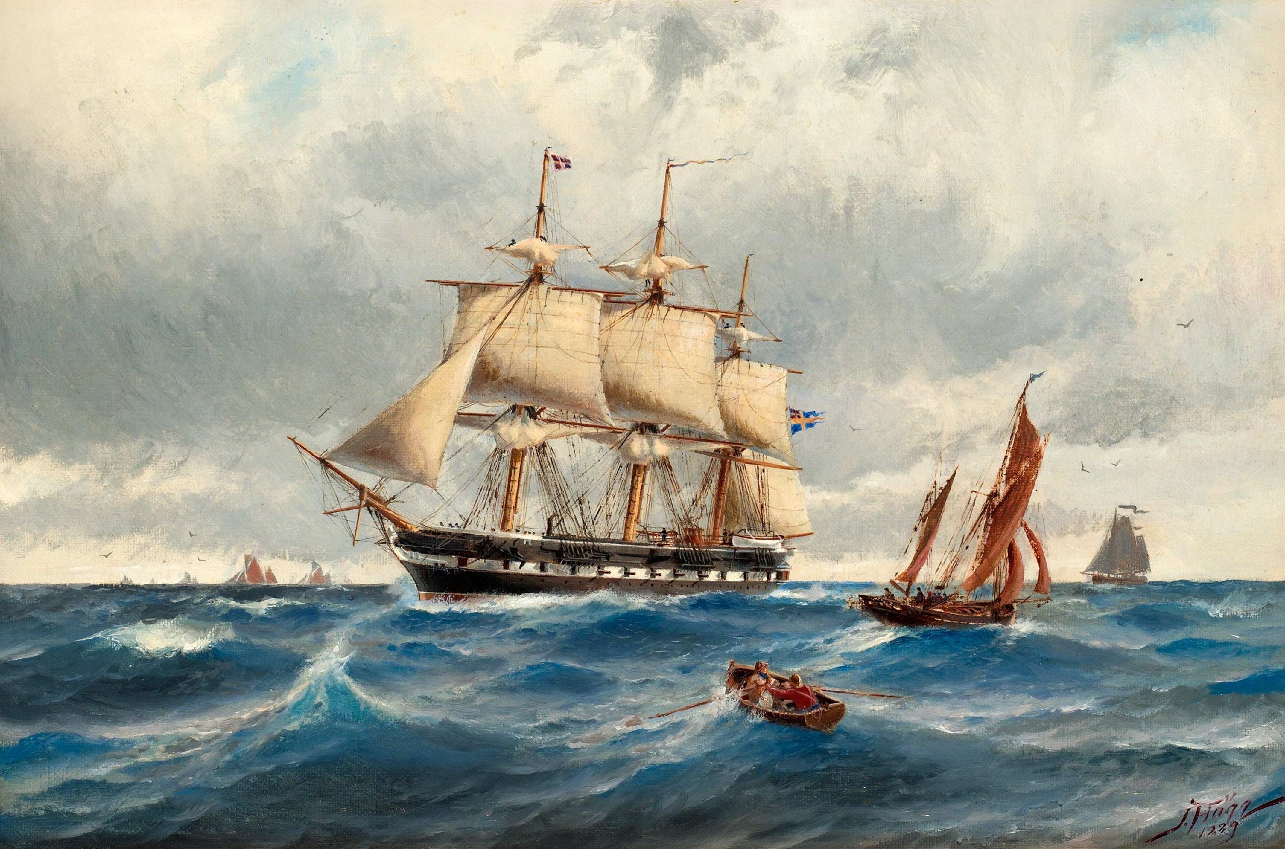 classical art, sailing ship, ship, flot, 4K, sea, artwork, painting, HD Wallpaper
